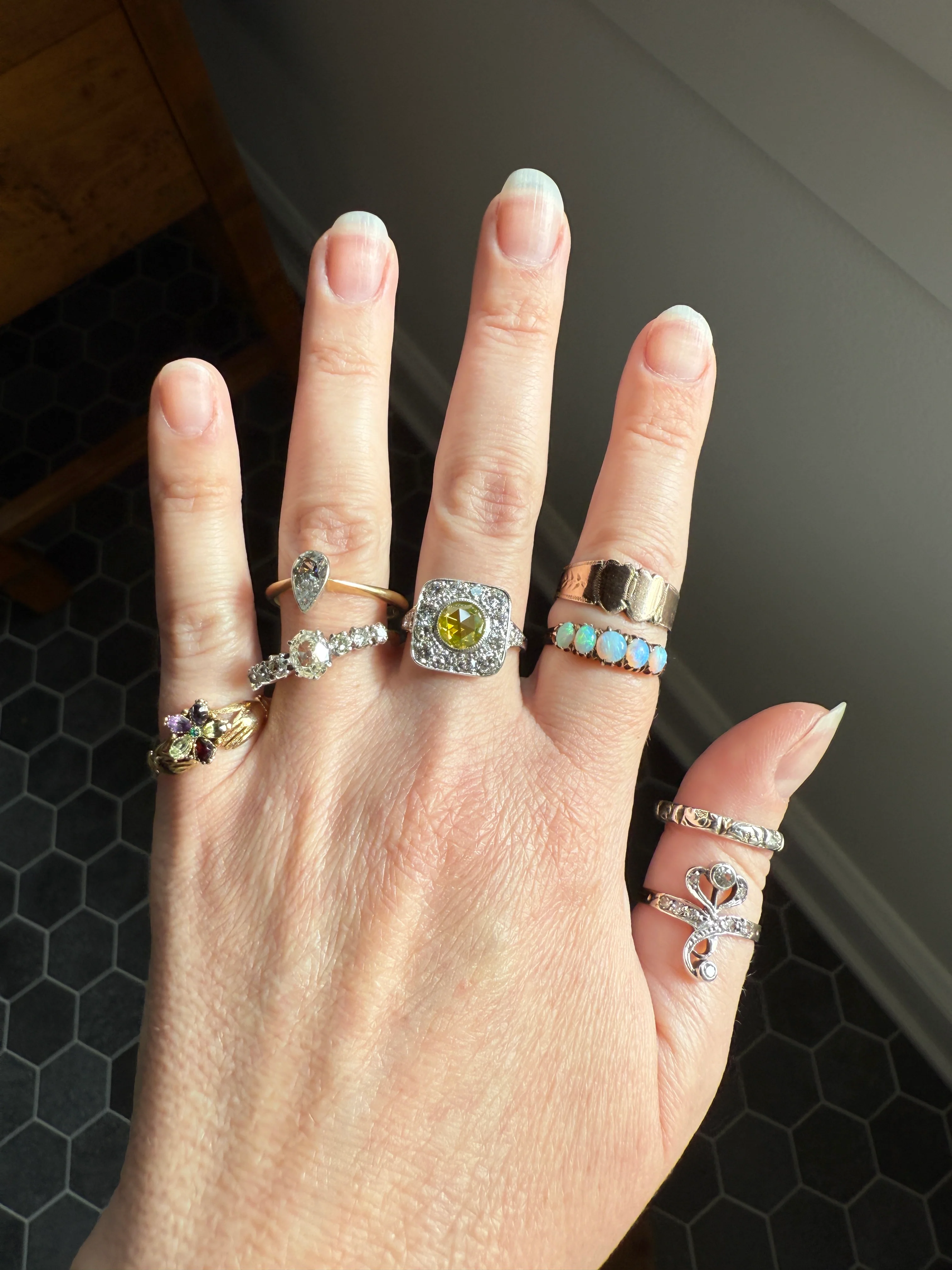 Vintage .8 Carat Fancy Greenish Yellow Natural ROSE CUT Diamond 1.8 Ctw Transitional Cut Boxed Cobblestone Panel Ring Platinum Lemon Lime - Image 23