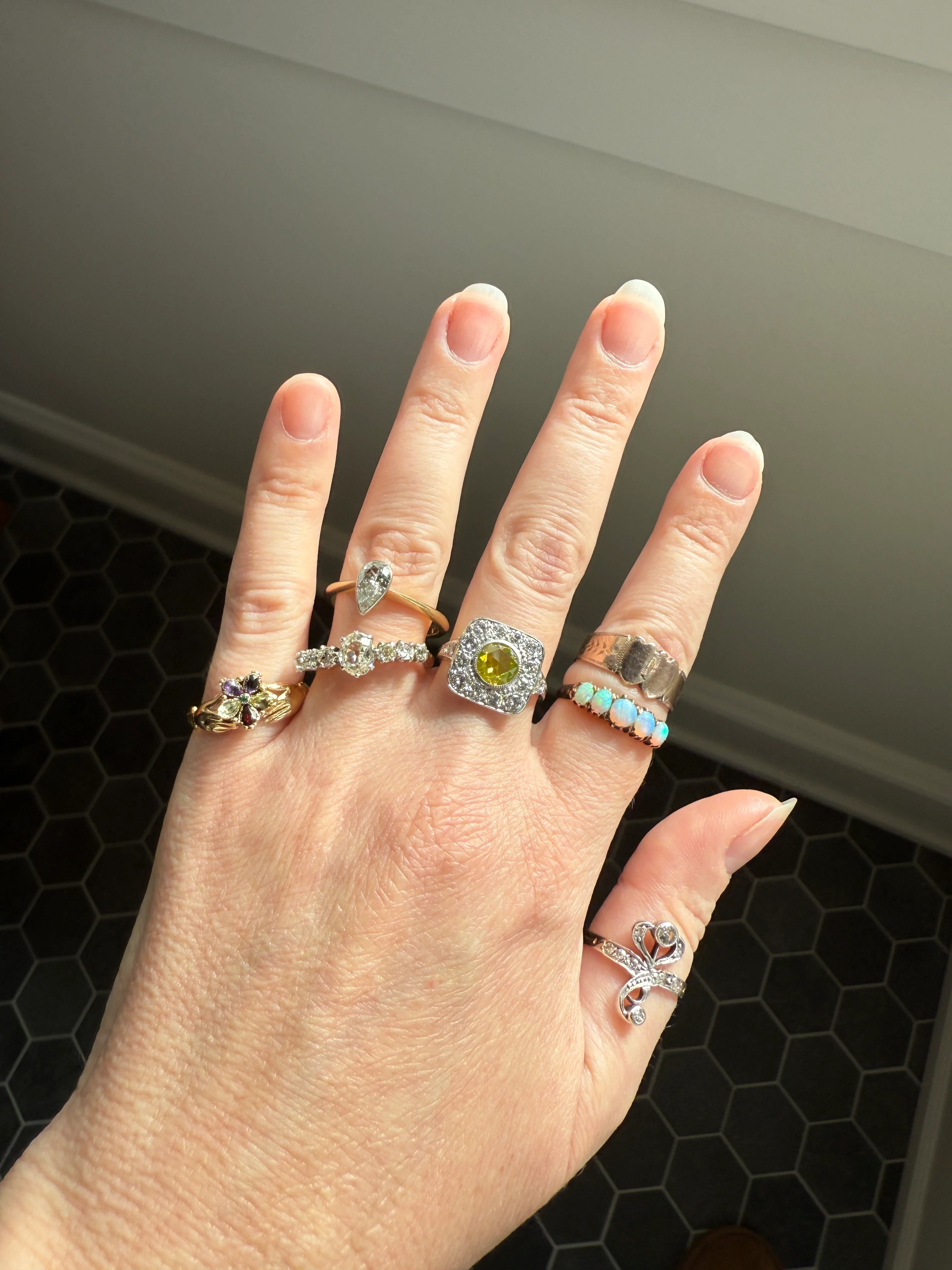 Vintage .8 Carat Fancy Greenish Yellow Natural ROSE CUT Diamond 1.8 Ctw Transitional Cut Boxed Cobblestone Panel Ring Platinum Lemon Lime - Image 24
