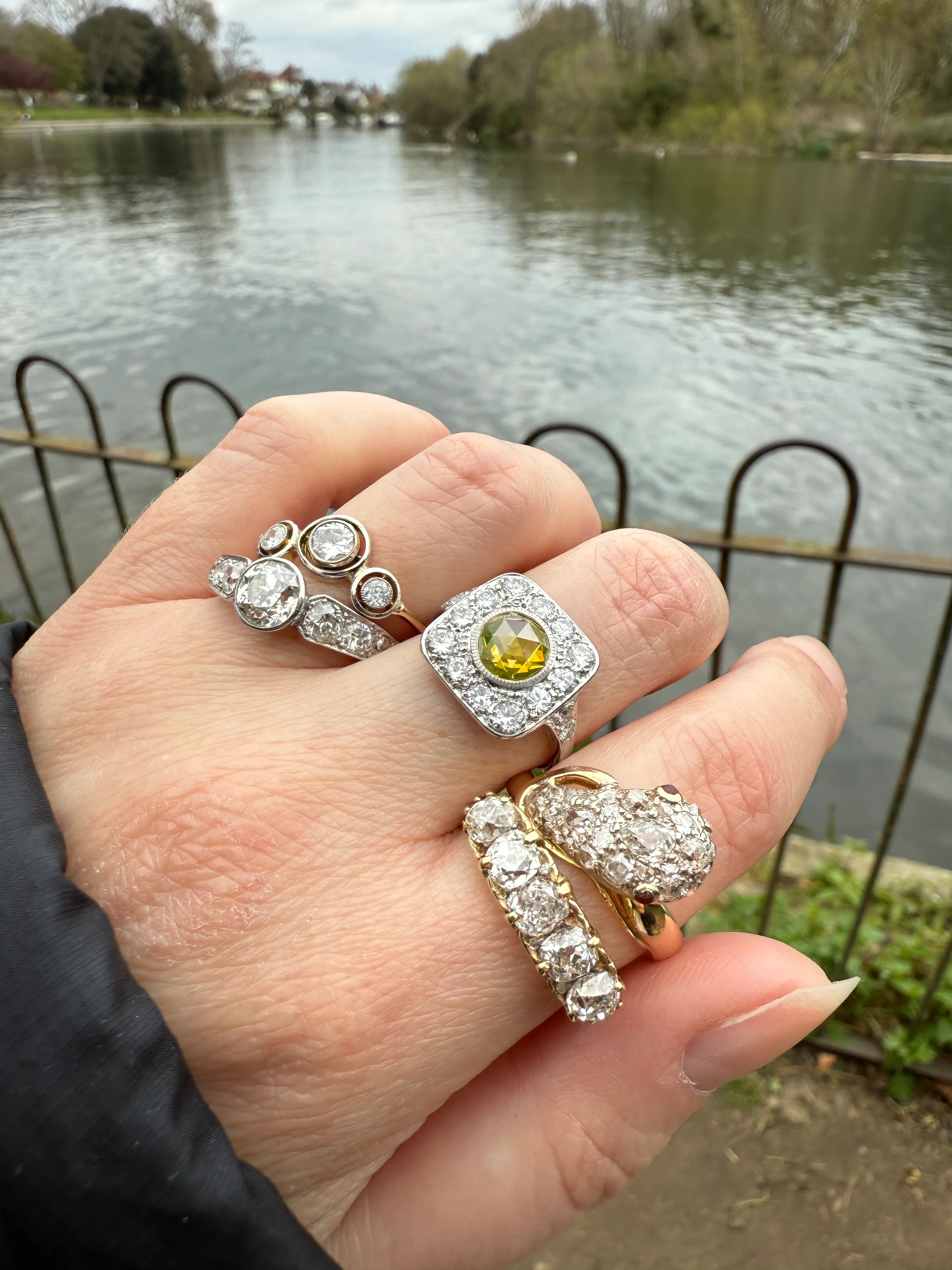 Vintage .8 Carat Fancy Greenish Yellow Natural ROSE CUT Diamond 1.8 Ctw Transitional Cut Boxed Cobblestone Panel Ring Platinum Lemon Lime - Image 25