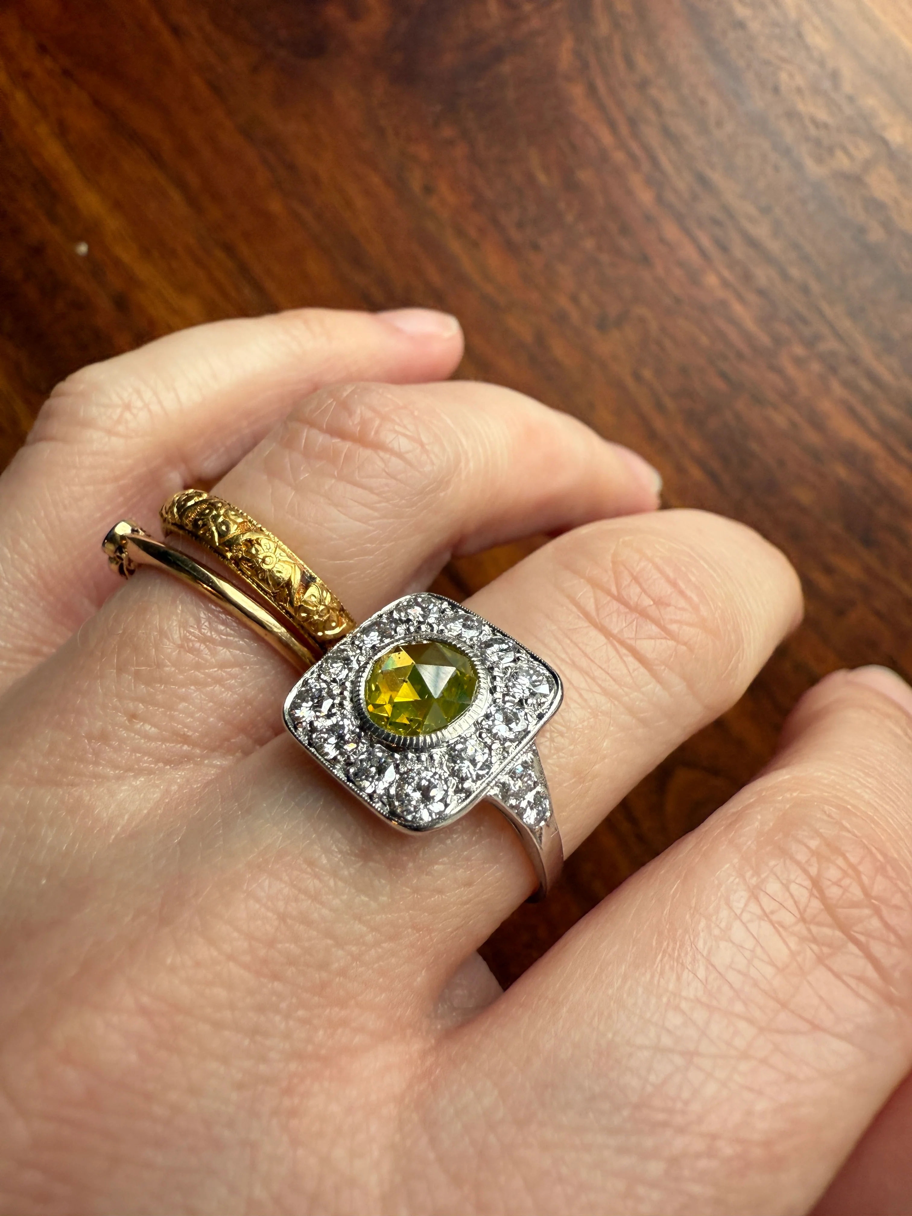 Vintage .8 Carat Fancy Greenish Yellow Natural ROSE CUT Diamond 1.8 Ctw Transitional Cut Boxed Cobblestone Panel Ring Platinum Lemon Lime - Image 28