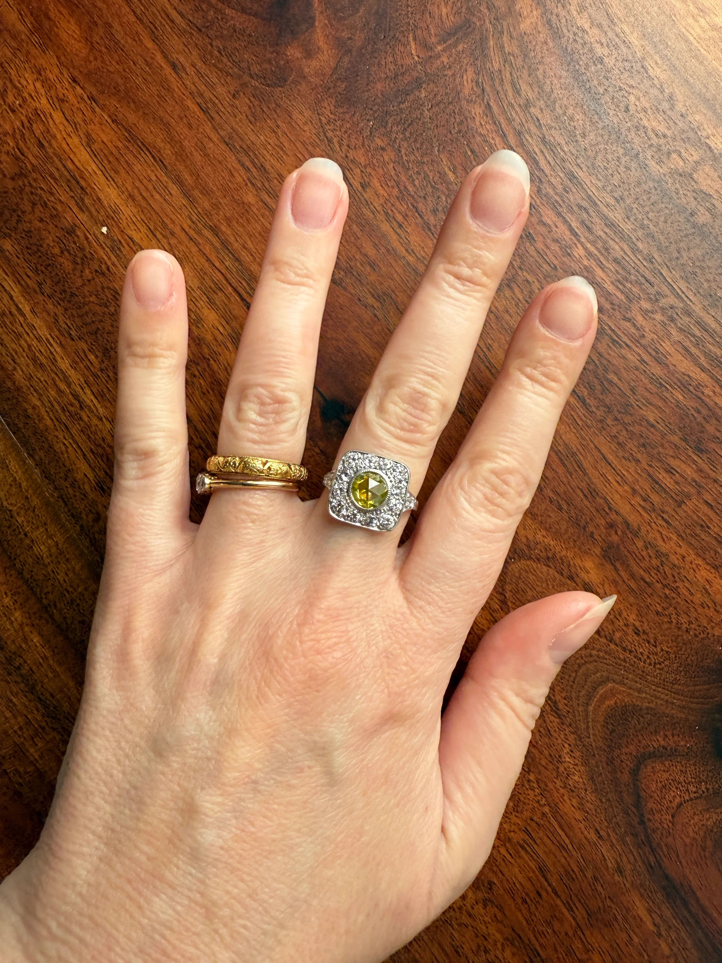 Vintage .8 Carat Fancy Greenish Yellow Natural ROSE CUT Diamond 1.8 Ctw Transitional Cut Boxed Cobblestone Panel Ring Platinum Lemon Lime - Image 29