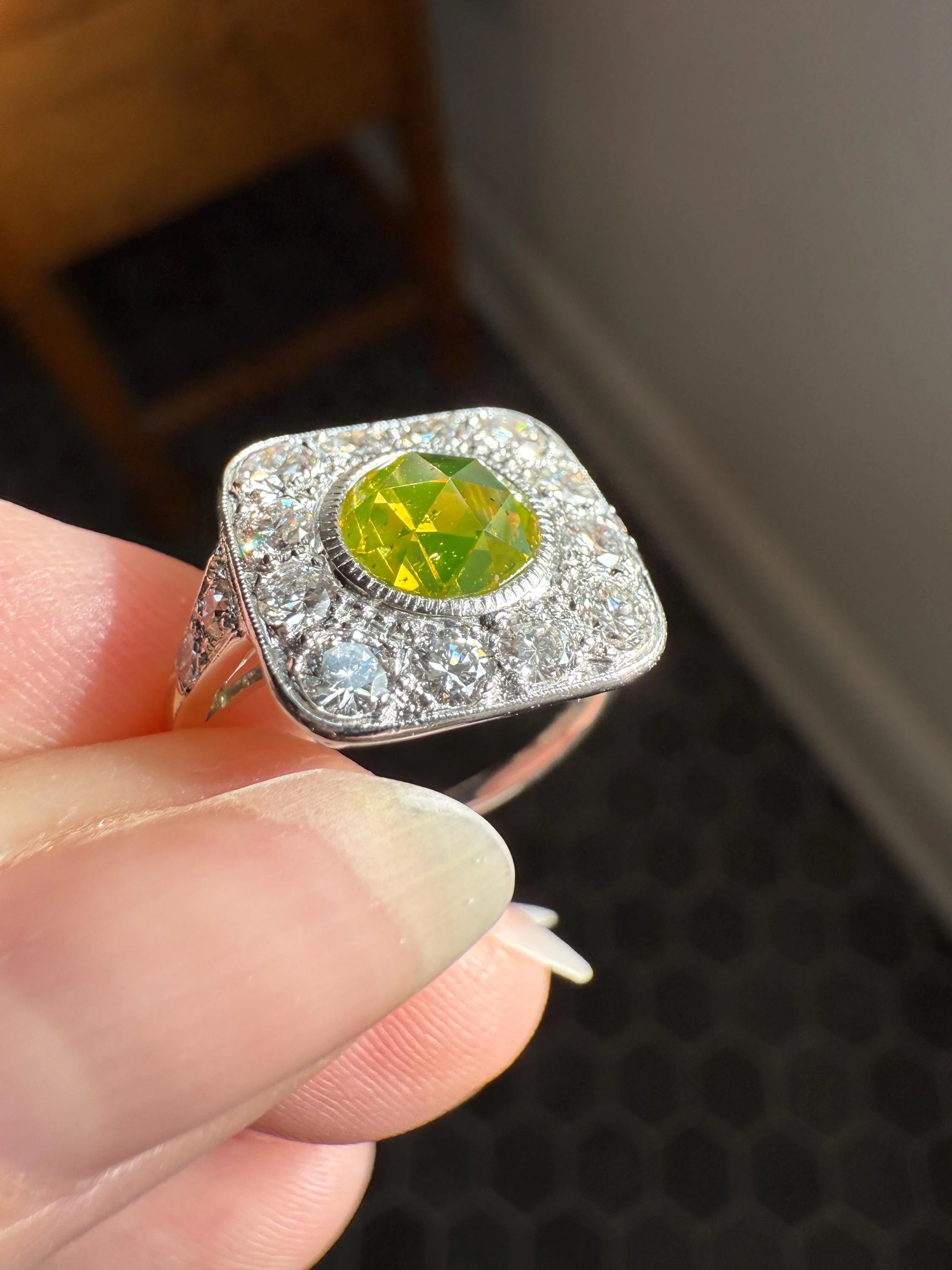 Vintage .8 Carat Fancy Greenish Yellow Natural ROSE CUT Diamond 1.8 Ctw Transitional Cut Boxed Cobblestone Panel Ring Platinum Lemon Lime - Image 3