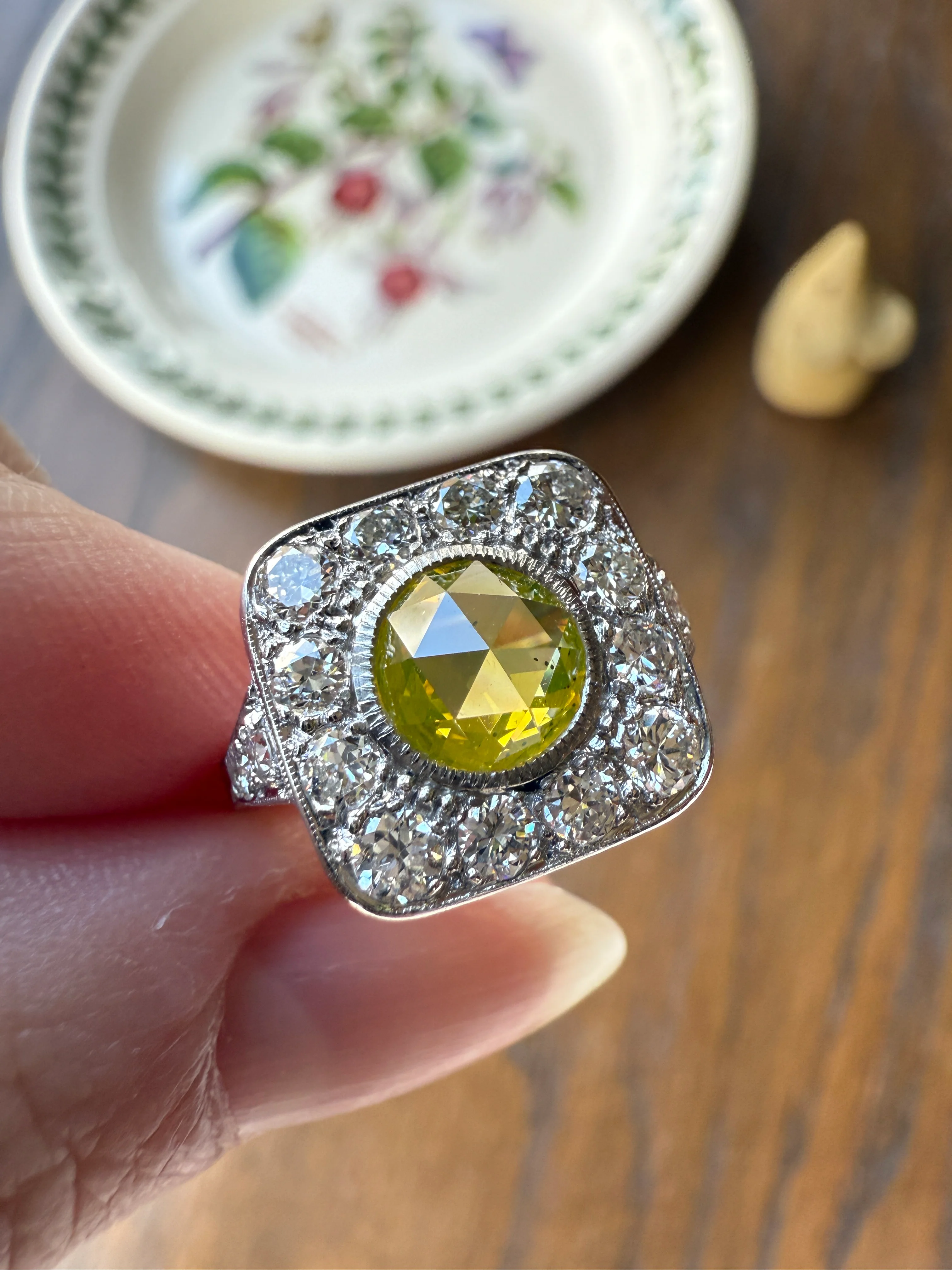 Vintage .8 Carat Fancy Greenish Yellow Natural ROSE CUT Diamond 1.8 Ctw Transitional Cut Boxed Cobblestone Panel Ring Platinum Lemon Lime - Image 30