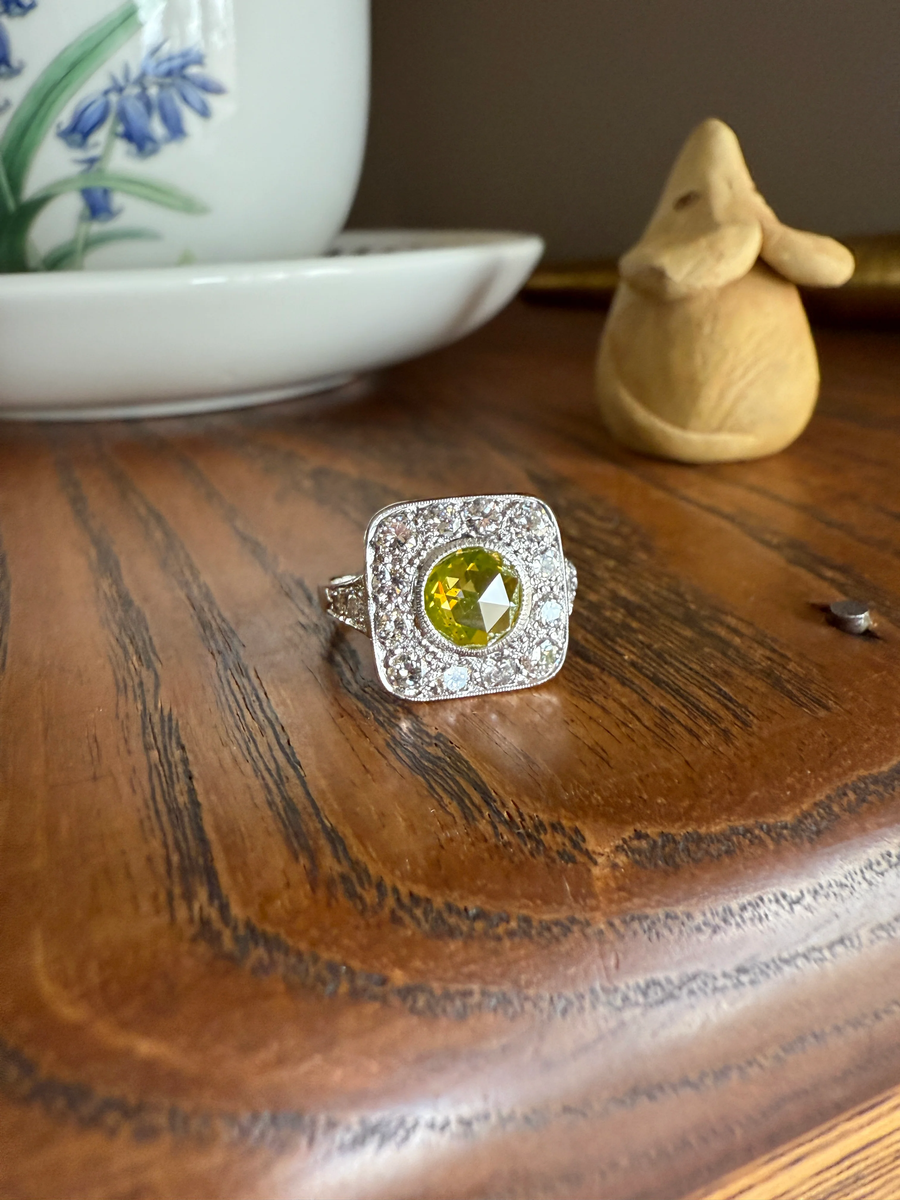 Vintage .8 Carat Fancy Greenish Yellow Natural ROSE CUT Diamond 1.8 Ctw Transitional Cut Boxed Cobblestone Panel Ring Platinum Lemon Lime - Image 32
