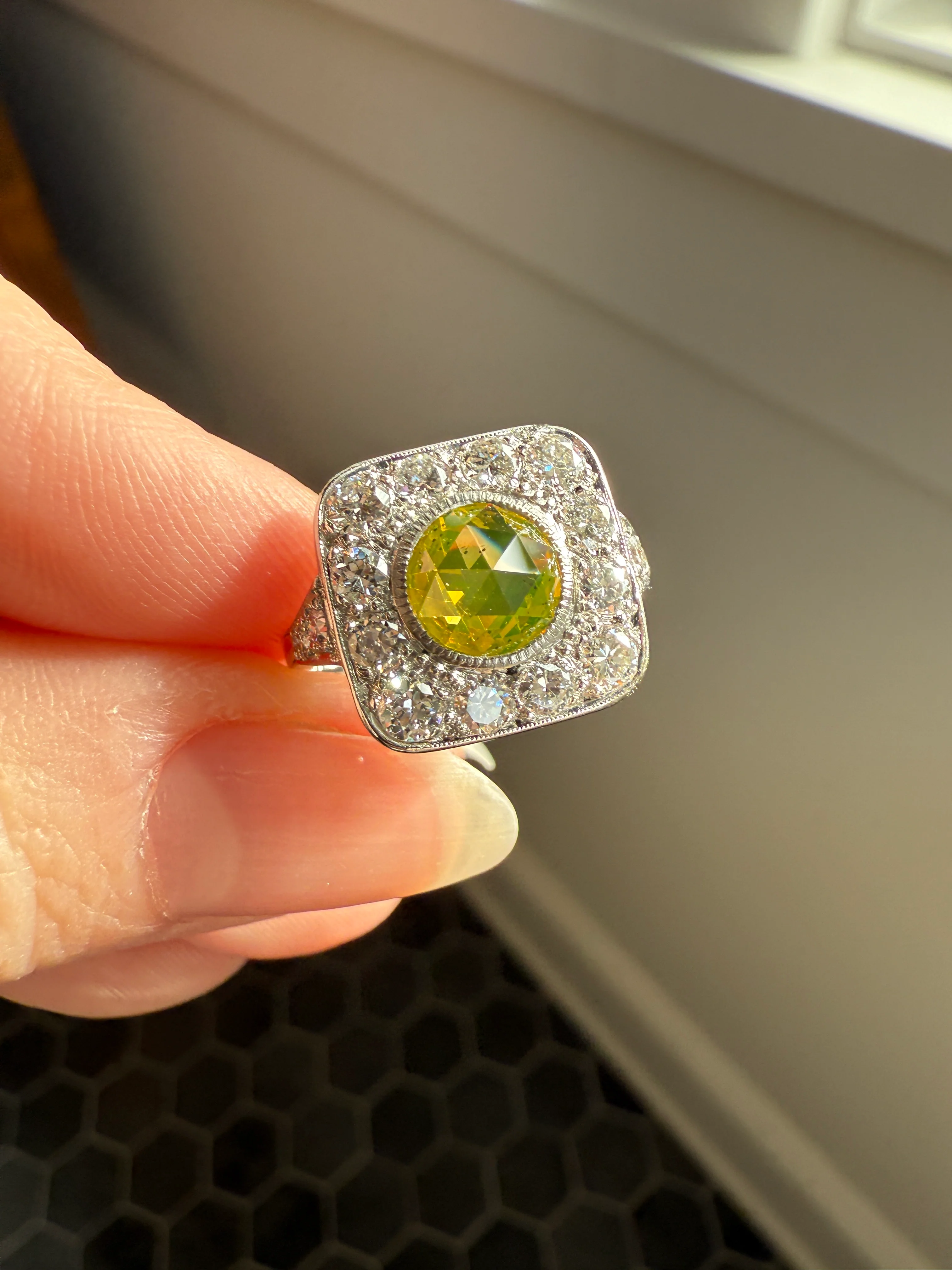 Vintage .8 Carat Fancy Greenish Yellow Natural ROSE CUT Diamond 1.8 Ctw Transitional Cut Boxed Cobblestone Panel Ring Platinum Lemon Lime - Image 33