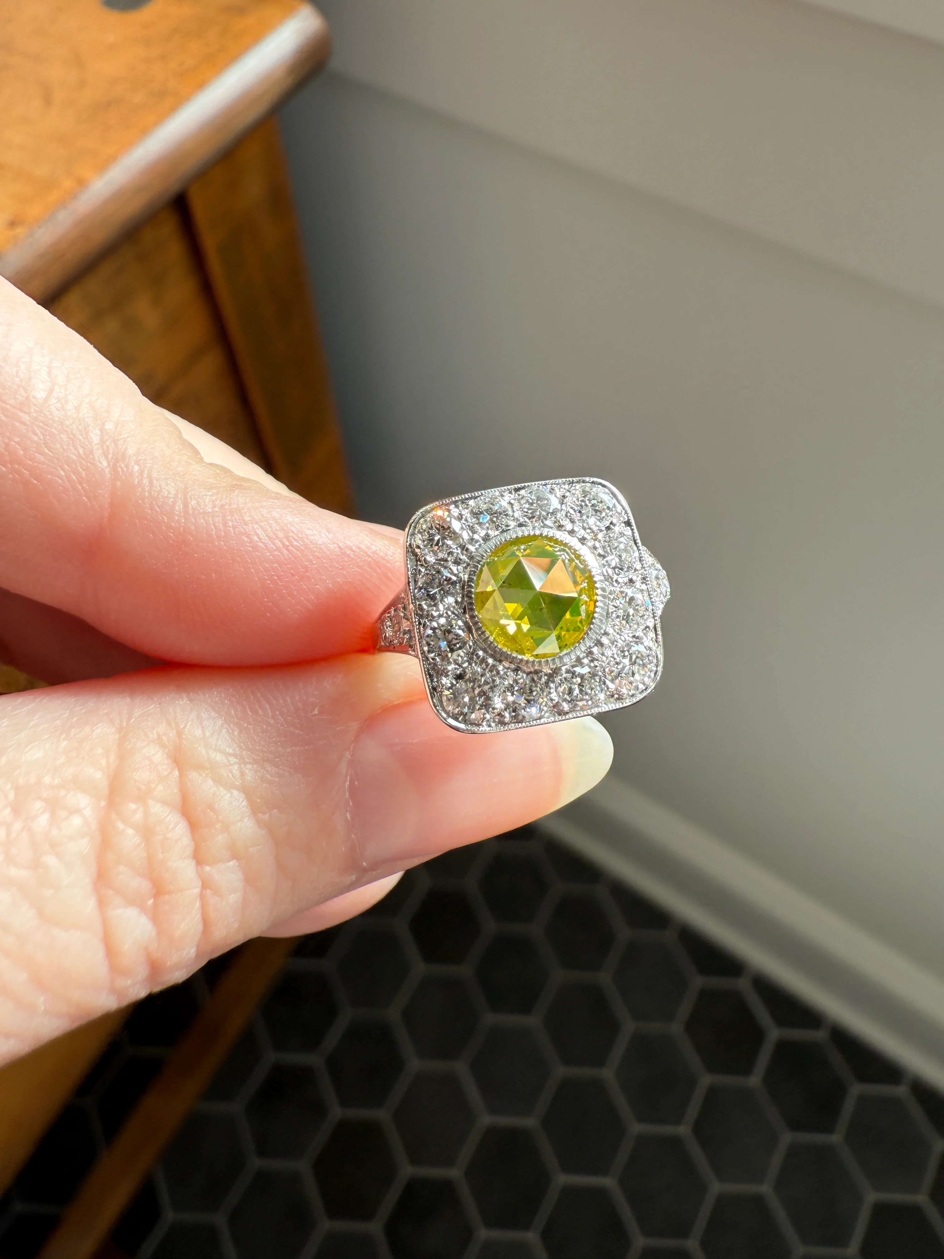 Vintage .8 Carat Fancy Greenish Yellow Natural ROSE CUT Diamond 1.8 Ctw Transitional Cut Boxed Cobblestone Panel Ring Platinum Lemon Lime - Image 34