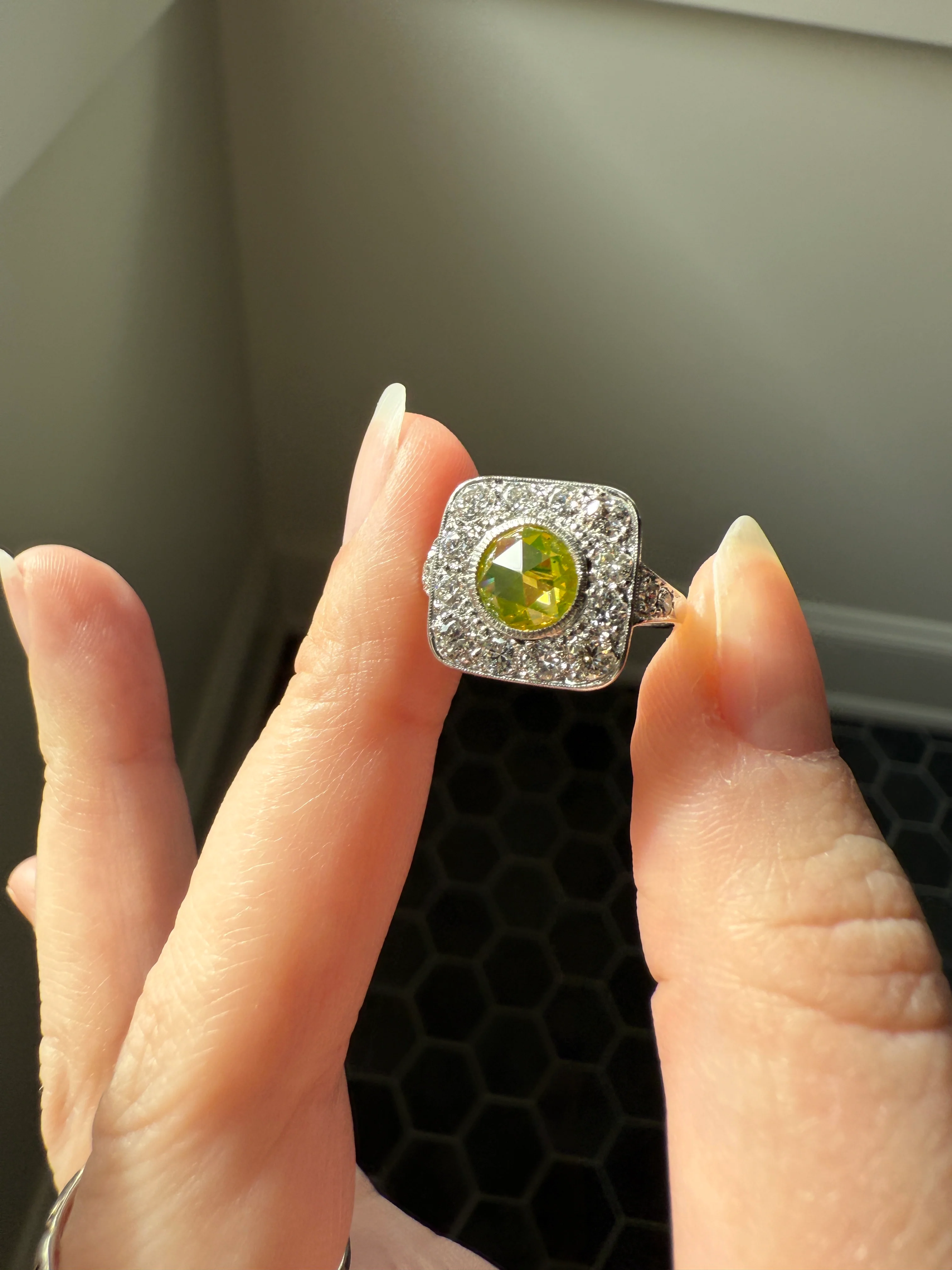 Vintage .8 Carat Fancy Greenish Yellow Natural ROSE CUT Diamond 1.8 Ctw Transitional Cut Boxed Cobblestone Panel Ring Platinum Lemon Lime - Image 35