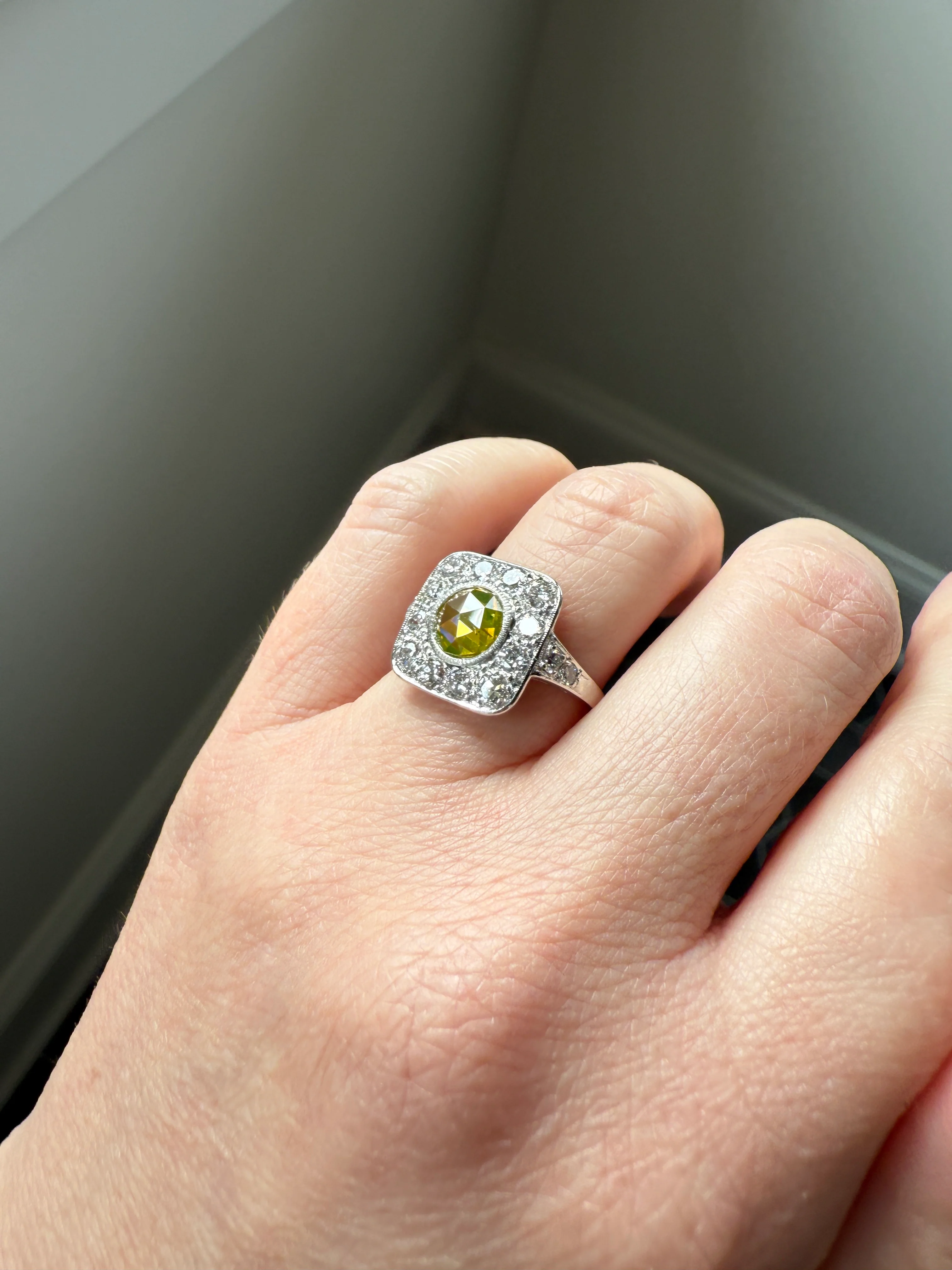 Vintage .8 Carat Fancy Greenish Yellow Natural ROSE CUT Diamond 1.8 Ctw Transitional Cut Boxed Cobblestone Panel Ring Platinum Lemon Lime - Image 36