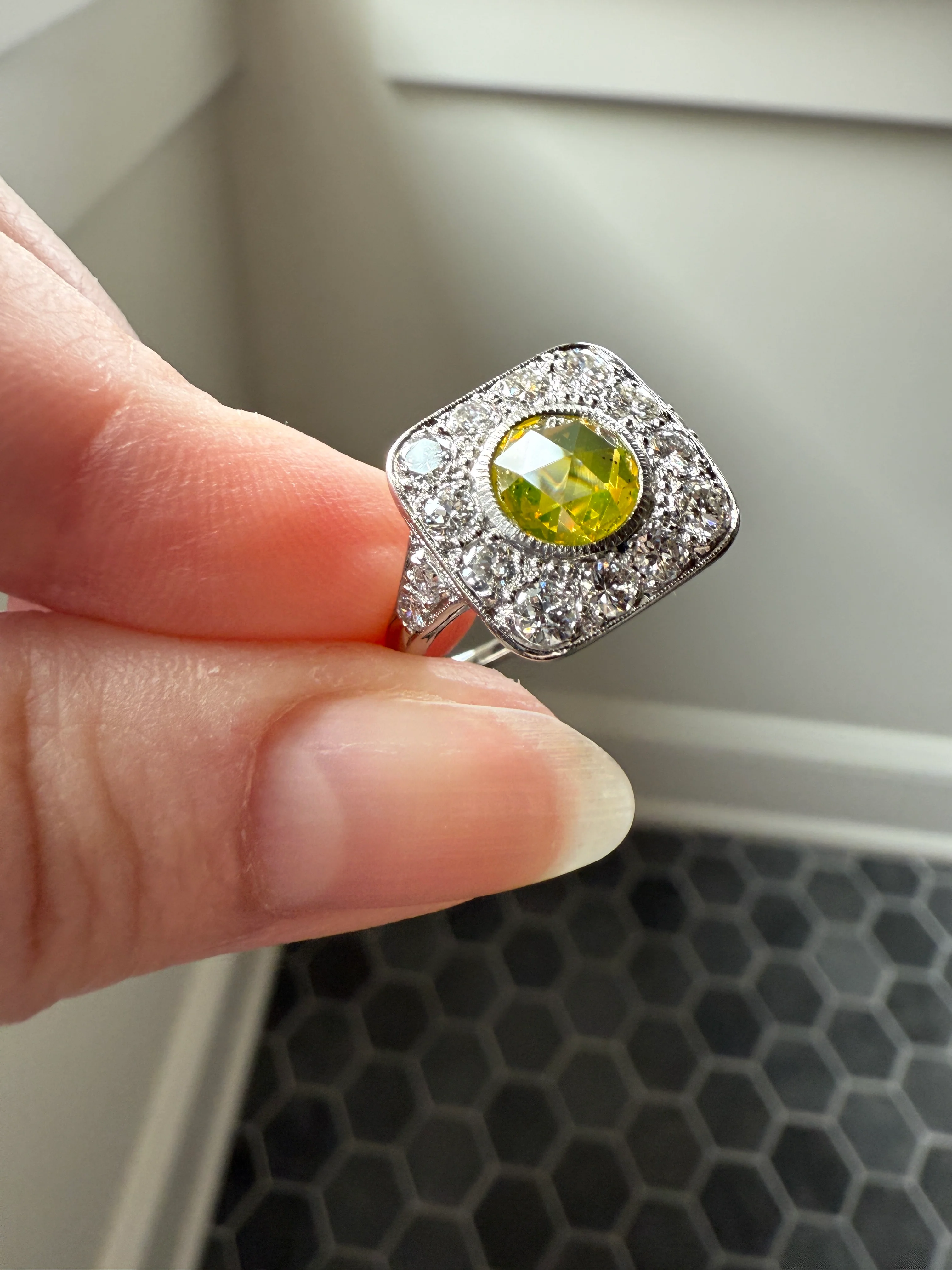 Vintage .8 Carat Fancy Greenish Yellow Natural ROSE CUT Diamond 1.8 Ctw Transitional Cut Boxed Cobblestone Panel Ring Platinum Lemon Lime - Image 37