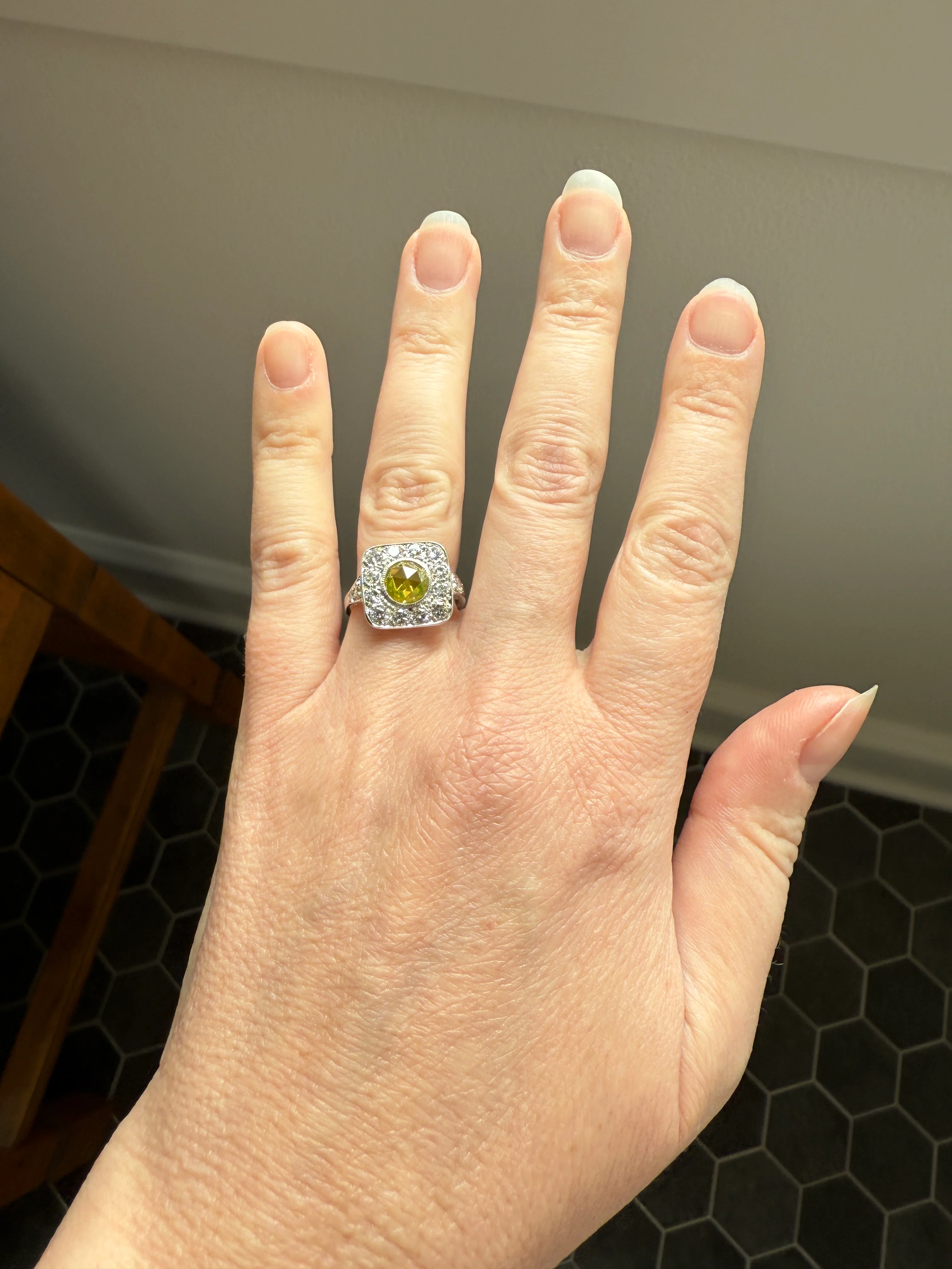 Vintage .8 Carat Fancy Greenish Yellow Natural ROSE CUT Diamond 1.8 Ctw Transitional Cut Boxed Cobblestone Panel Ring Platinum Lemon Lime - Image 38