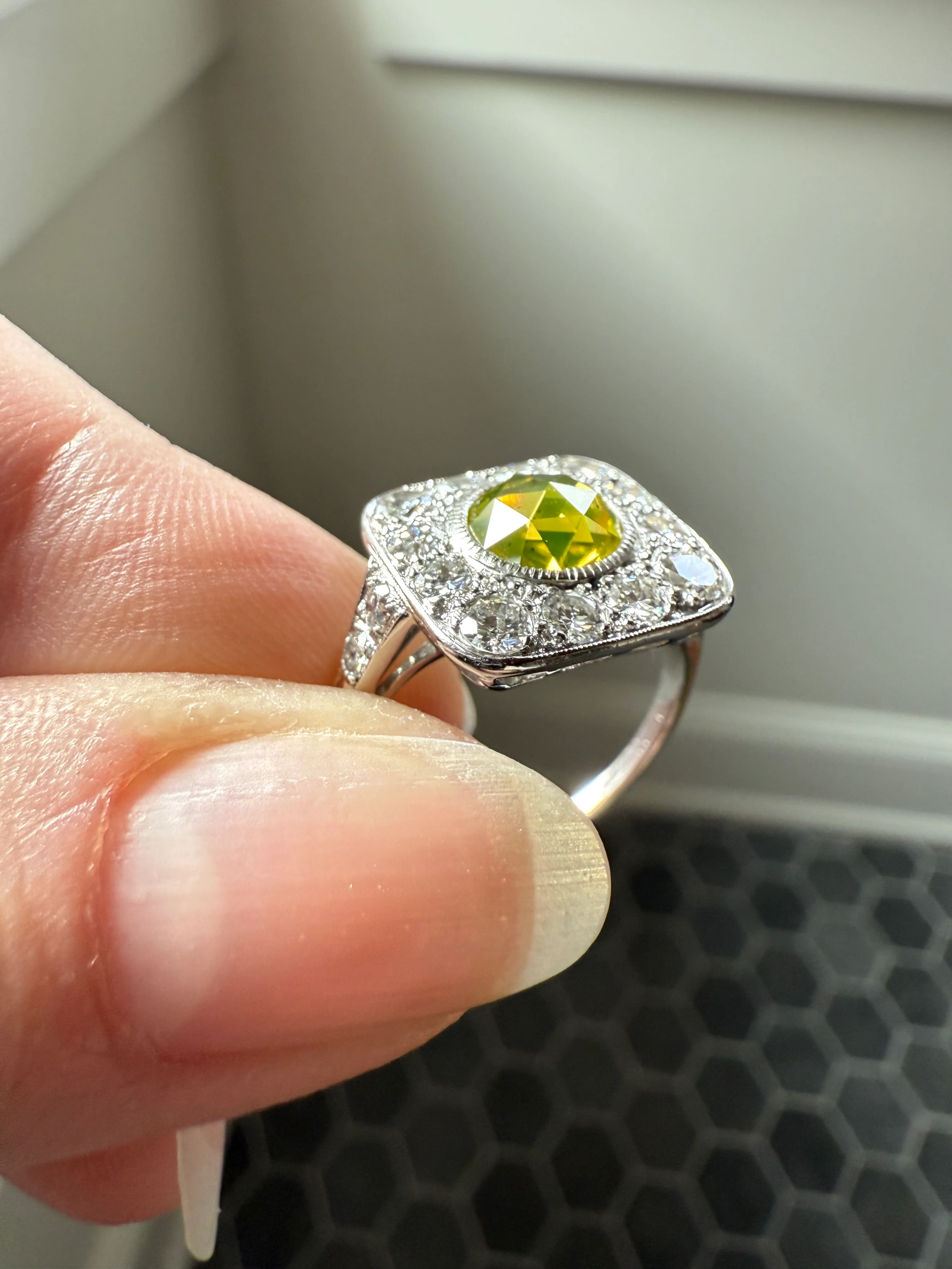 Vintage .8 Carat Fancy Greenish Yellow Natural ROSE CUT Diamond 1.8 Ctw Transitional Cut Boxed Cobblestone Panel Ring Platinum Lemon Lime - Image 39