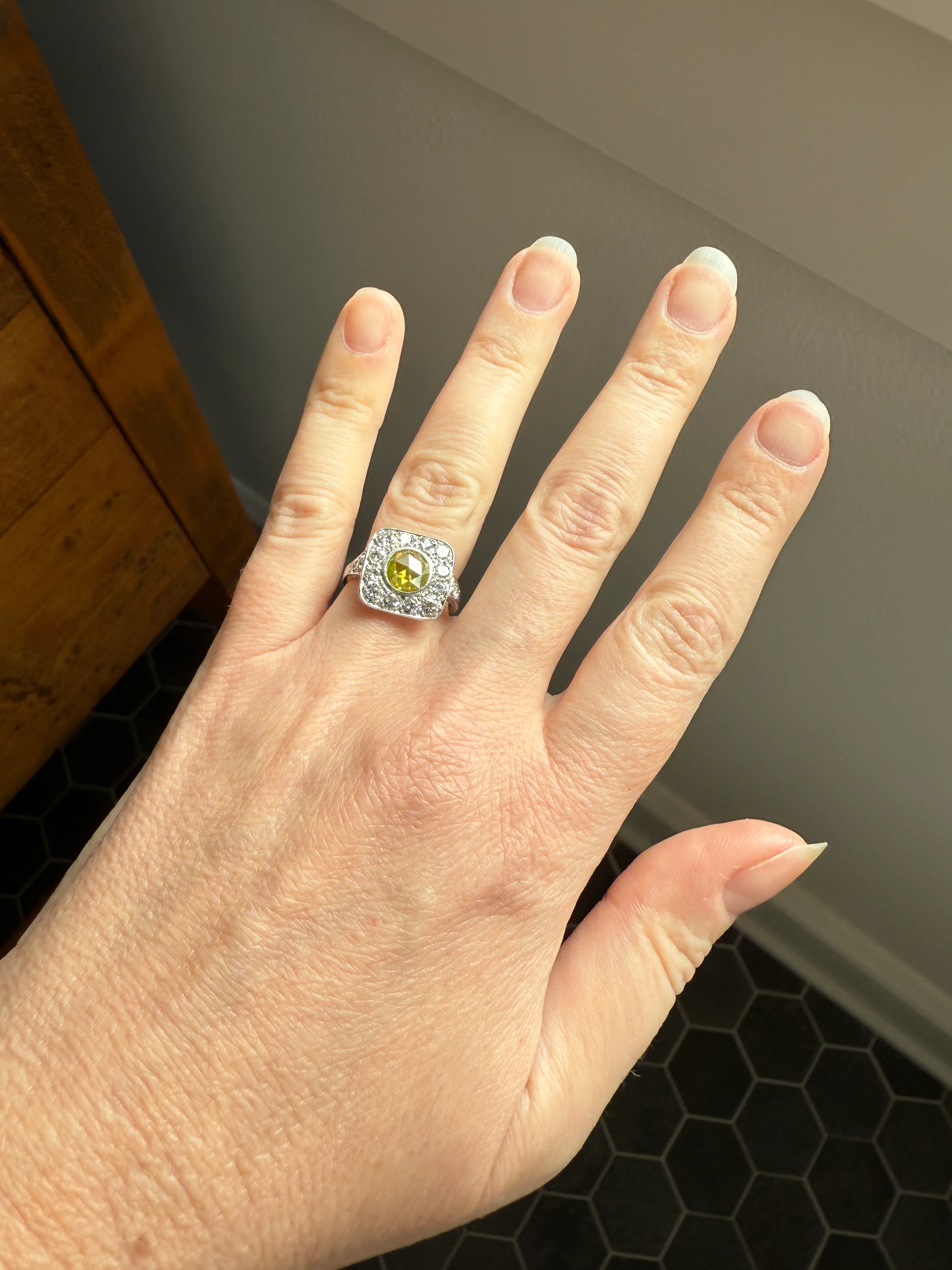 Vintage .8 Carat Fancy Greenish Yellow Natural ROSE CUT Diamond 1.8 Ctw Transitional Cut Boxed Cobblestone Panel Ring Platinum Lemon Lime - Image 41