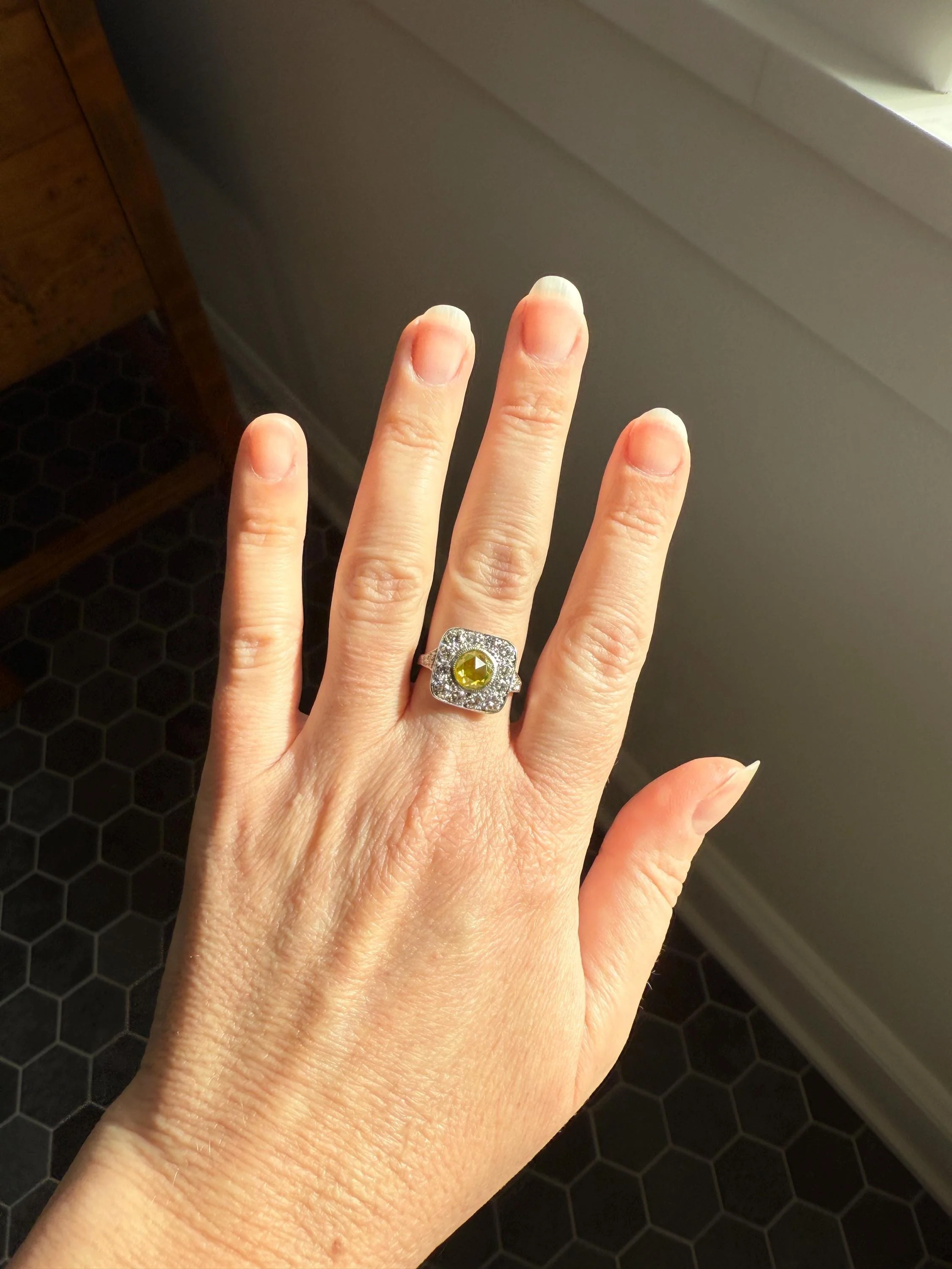 Vintage .8 Carat Fancy Greenish Yellow Natural ROSE CUT Diamond 1.8 Ctw Transitional Cut Boxed Cobblestone Panel Ring Platinum Lemon Lime - Image 5