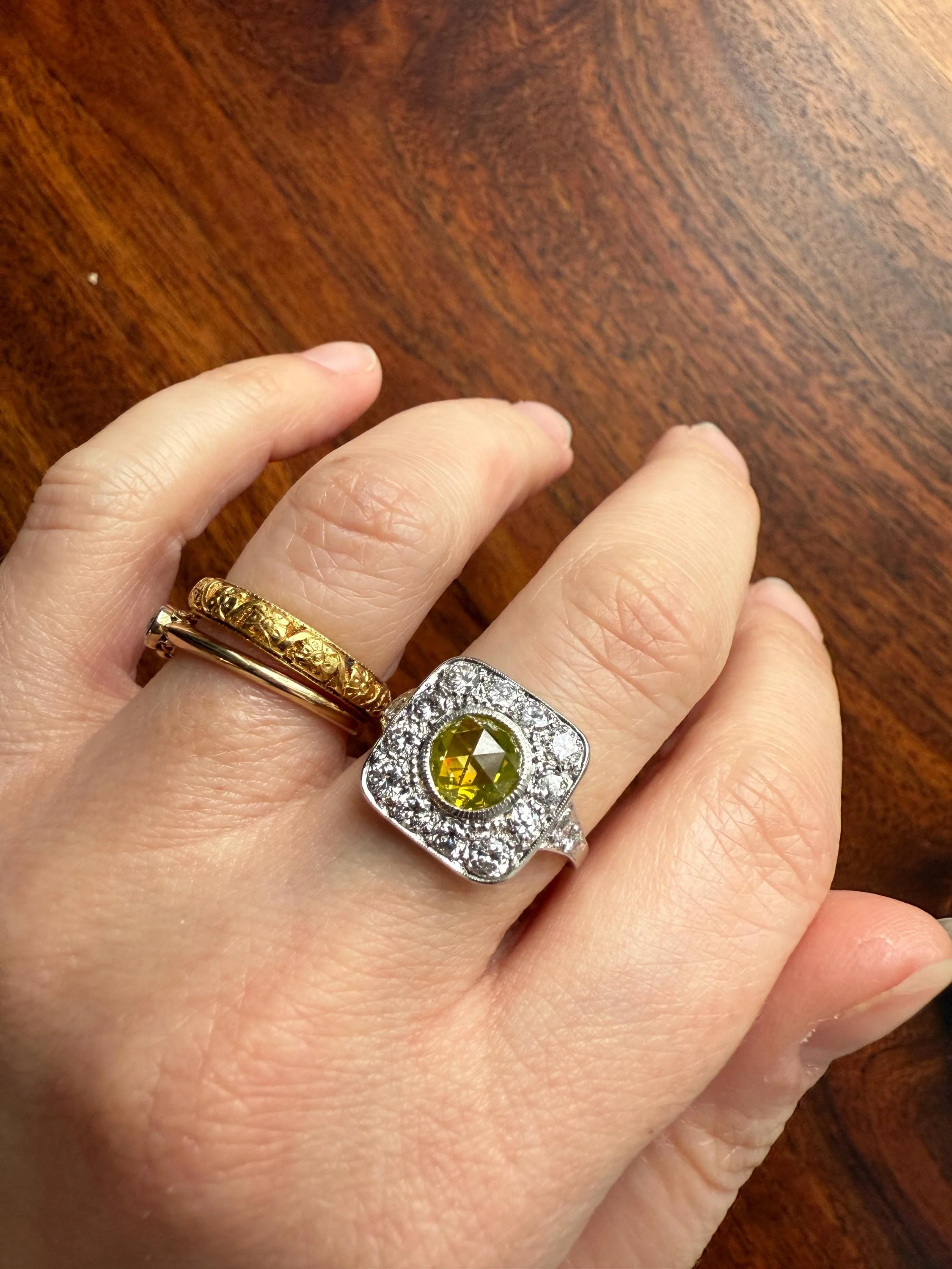 Vintage .8 Carat Fancy Greenish Yellow Natural ROSE CUT Diamond 1.8 Ctw Transitional Cut Boxed Cobblestone Panel Ring Platinum Lemon Lime - Image 6