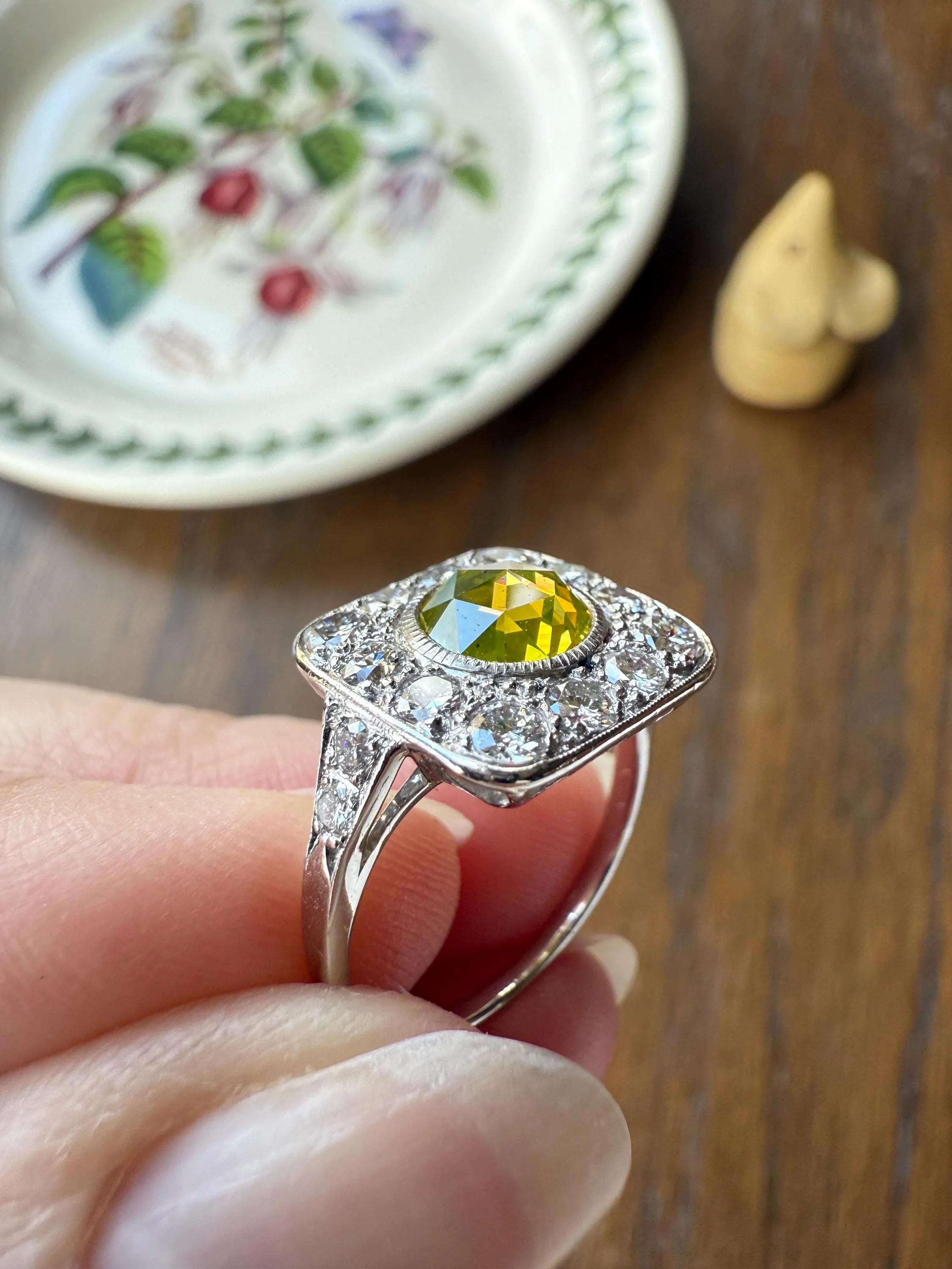 Vintage .8 Carat Fancy Greenish Yellow Natural ROSE CUT Diamond 1.8 Ctw Transitional Cut Boxed Cobblestone Panel Ring Platinum Lemon Lime - Image 9