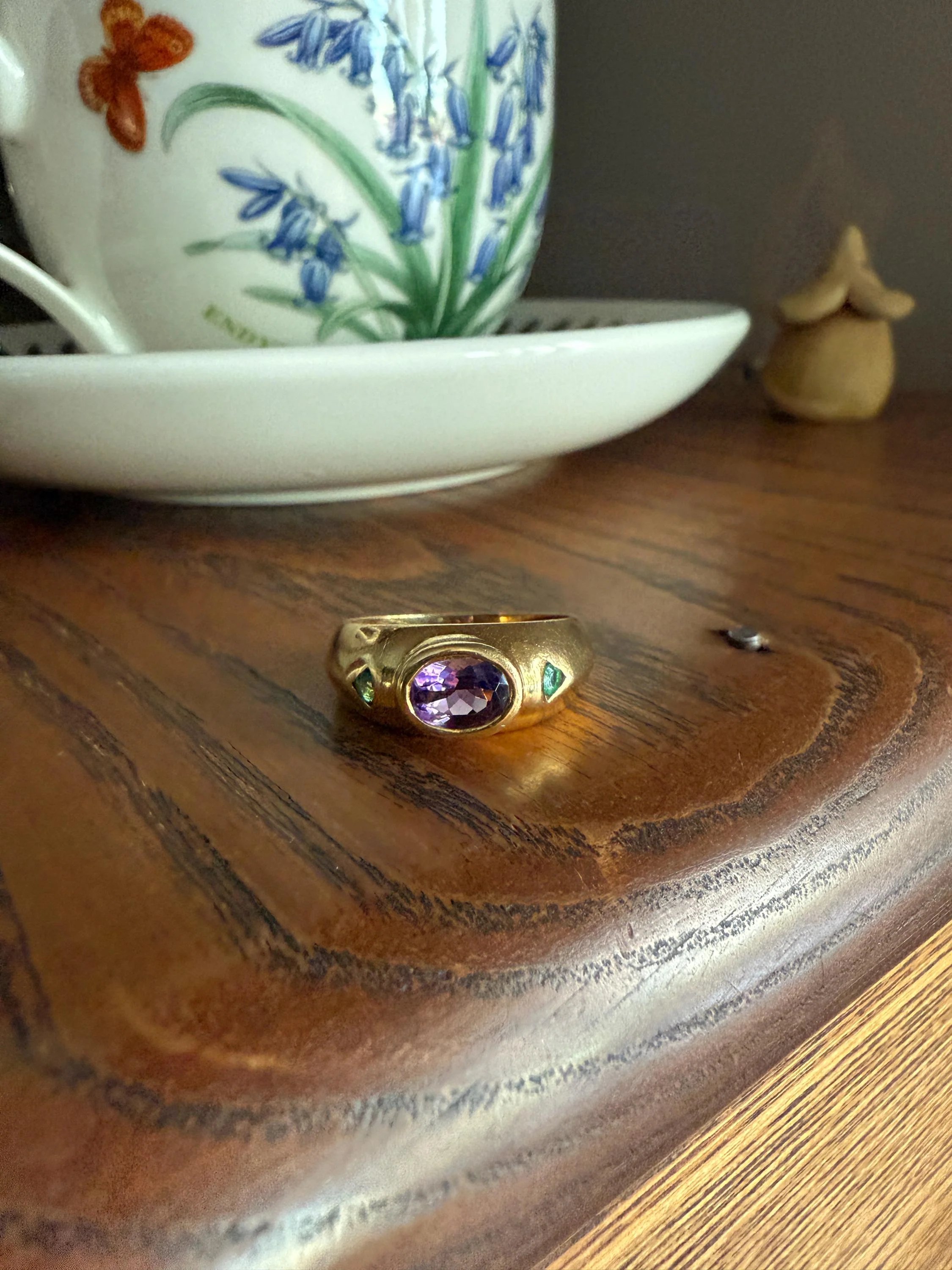 Vintage AMETHYST Emerald Geometric Domed Band Stacker Ring 18k Gold French Green Purple Chunky - Image 16