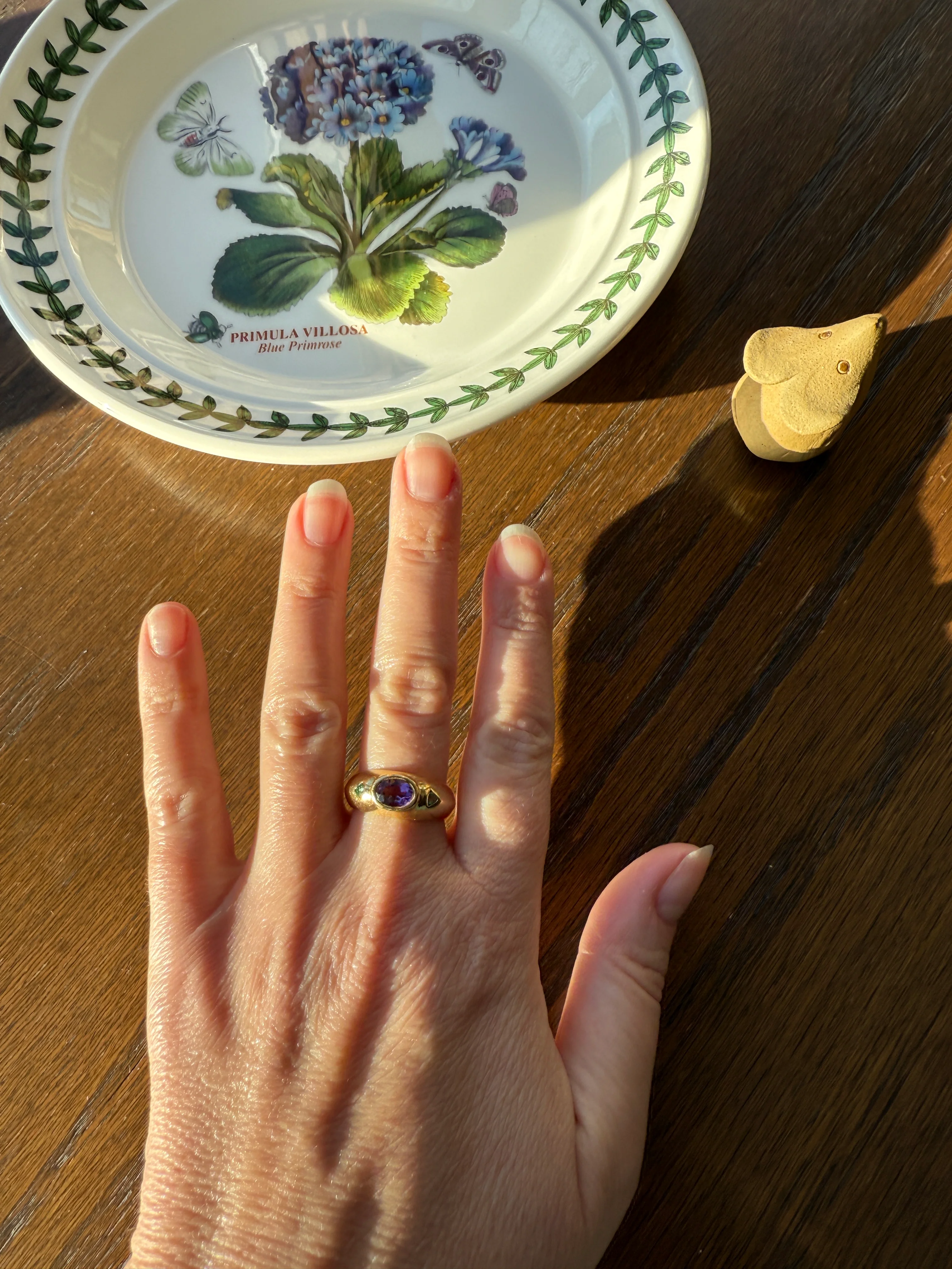 Vintage AMETHYST Emerald Geometric Domed Band Stacker Ring 18k Gold French Green Purple Chunky - Image 18