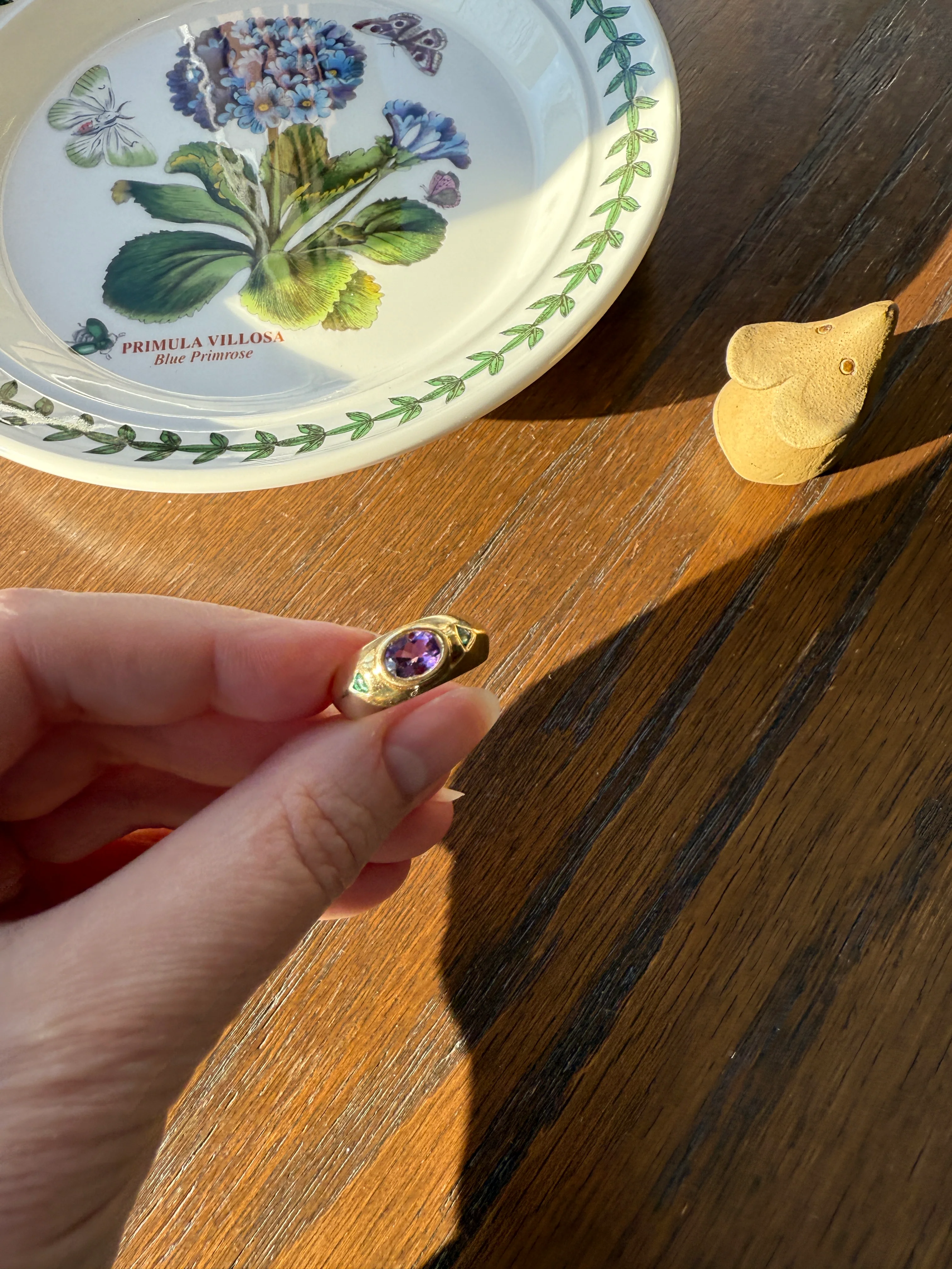 Vintage AMETHYST Emerald Geometric Domed Band Stacker Ring 18k Gold French Green Purple Chunky - Image 19