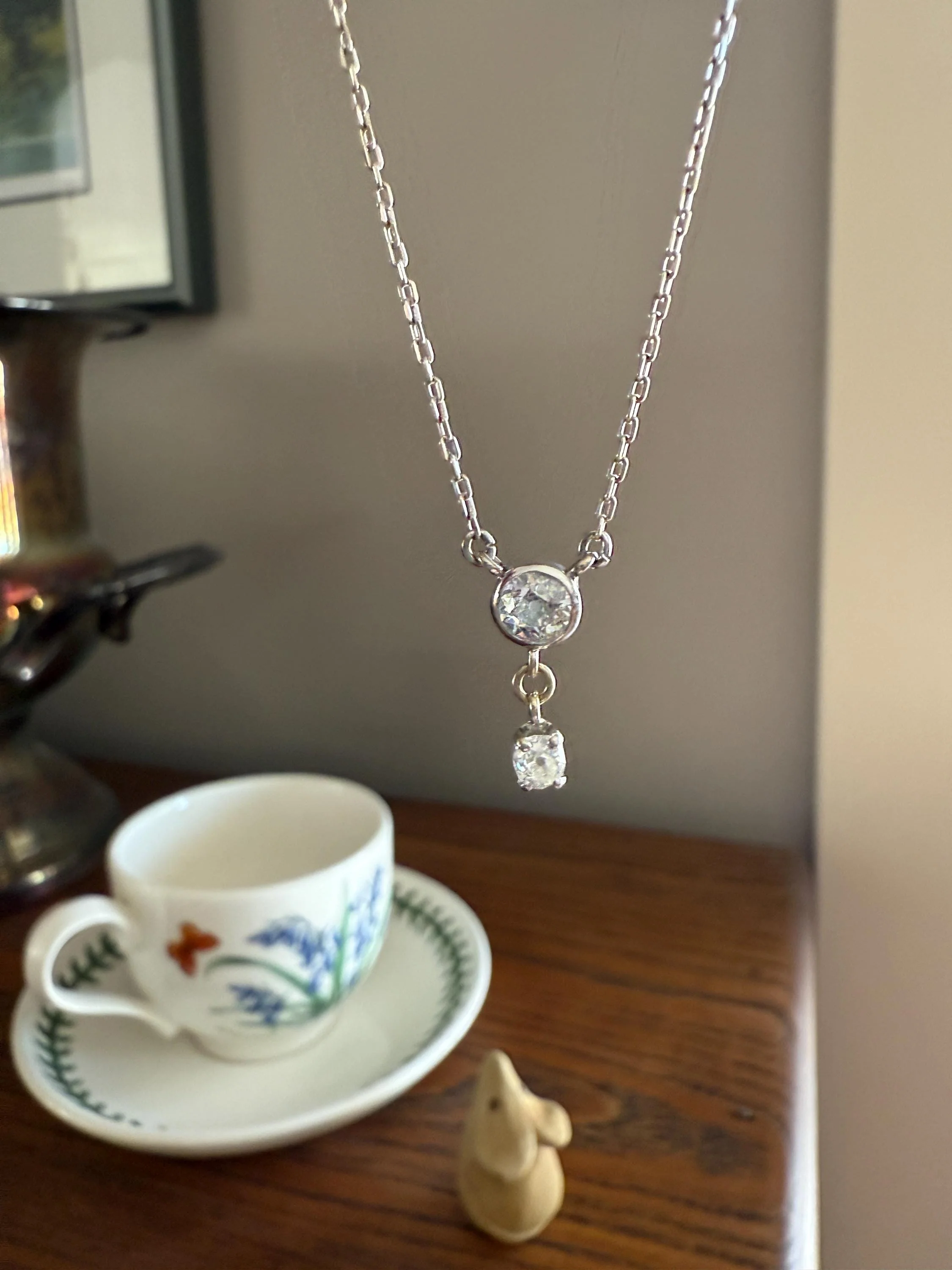 Vintage to Art Deco Necklace with Antique Old Mine Cut Diamond Dangle Pendants on Chain French 18k White Gold Bezel Set OmC Minimalist - Image 11