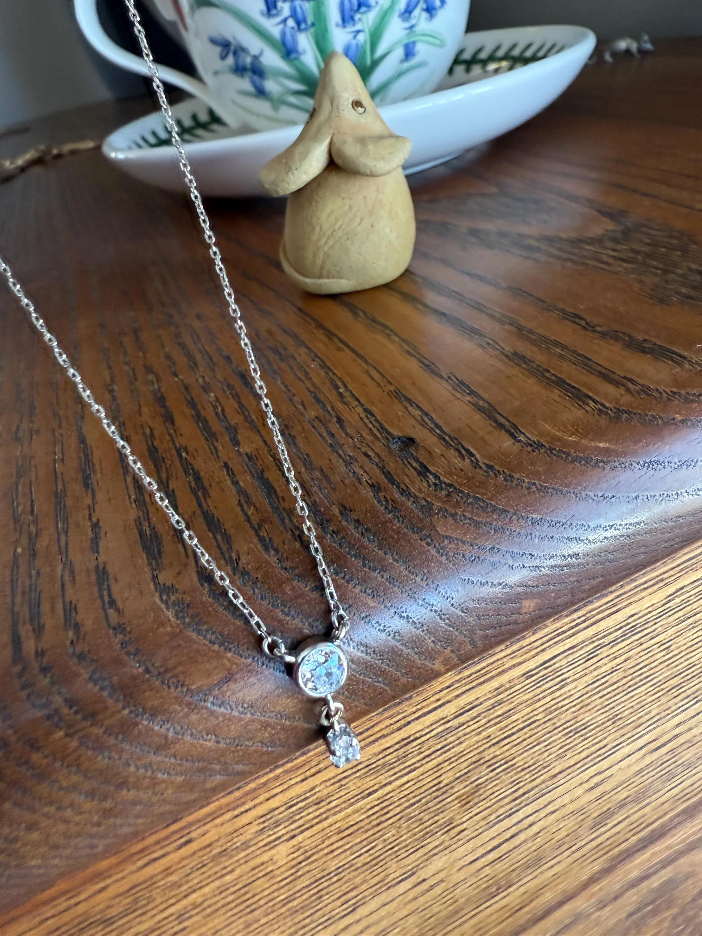 Vintage to Art Deco Necklace with Antique Old Mine Cut Diamond Dangle Pendants on Chain French 18k White Gold Bezel Set OmC Minimalist - Image 13