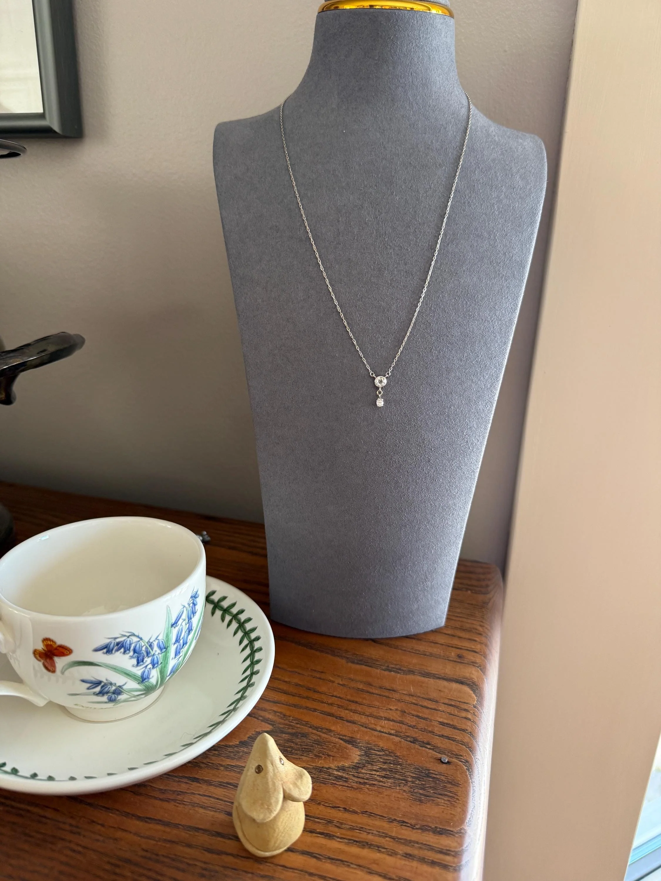 Vintage to Art Deco Necklace with Antique Old Mine Cut Diamond Dangle Pendants on Chain French 18k White Gold Bezel Set OmC Minimalist - Image 15