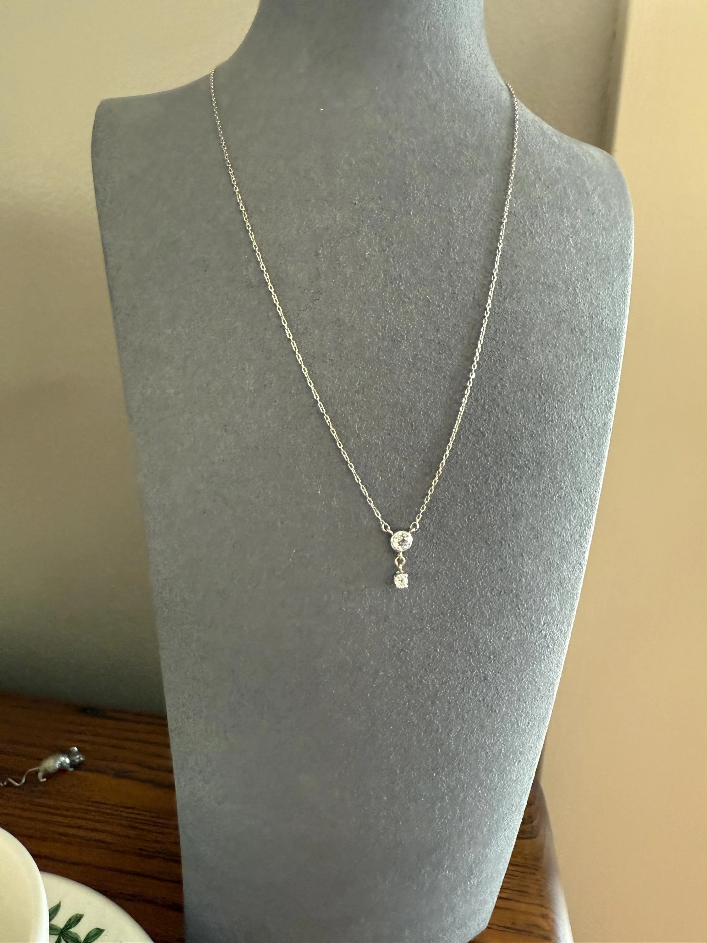 Vintage to Art Deco Necklace with Antique Old Mine Cut Diamond Dangle Pendants on Chain French 18k White Gold Bezel Set OmC Minimalist - Image 2