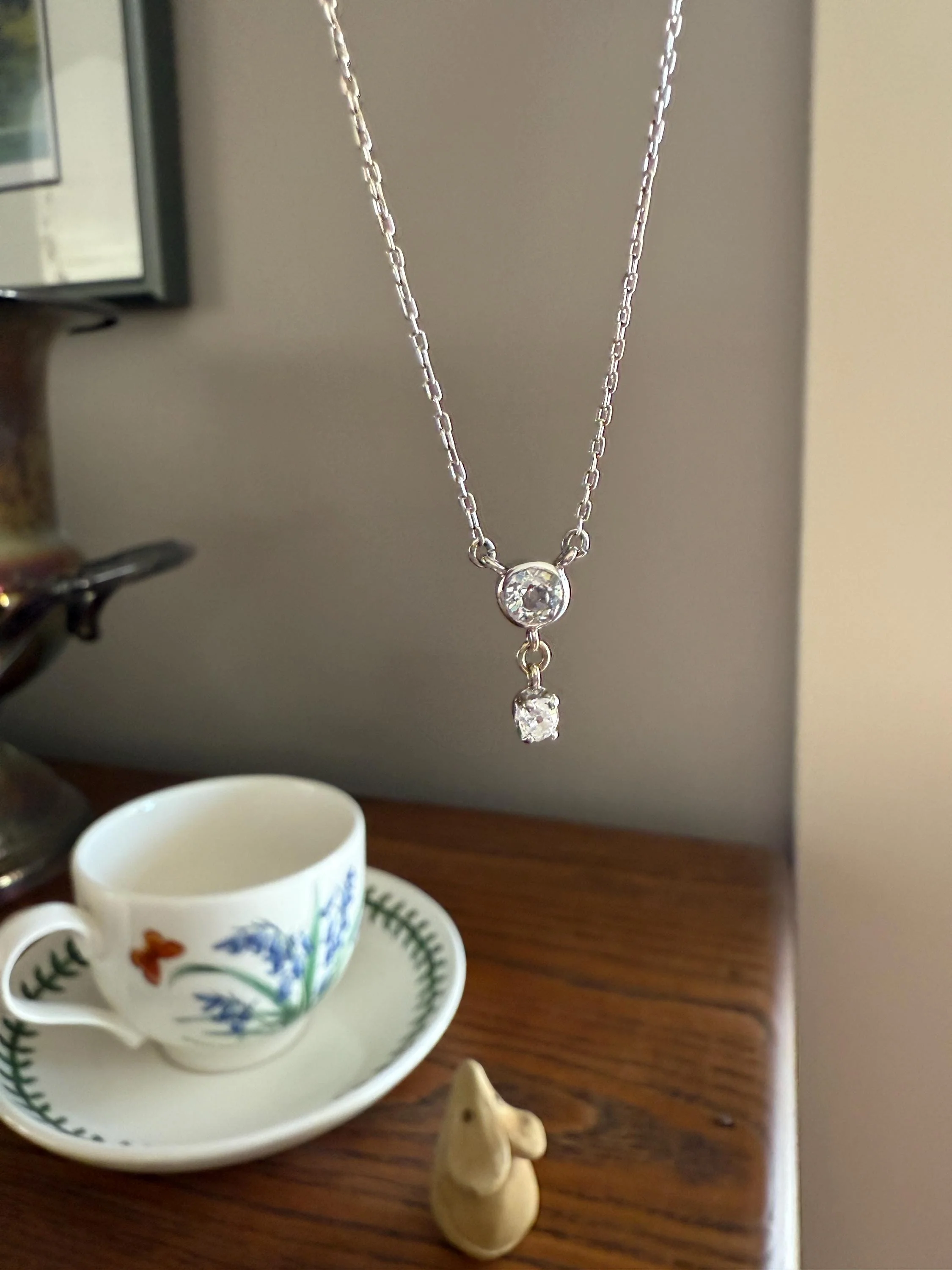 Vintage to Art Deco Necklace with Antique Old Mine Cut Diamond Dangle Pendants on Chain French 18k White Gold Bezel Set OmC Minimalist - Image 5