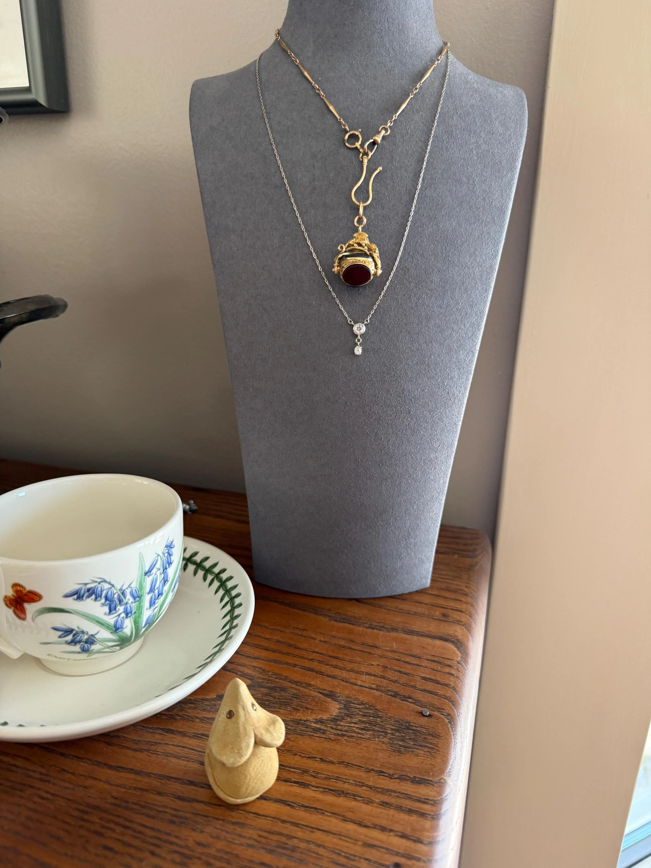 Vintage to Art Deco Necklace with Antique Old Mine Cut Diamond Dangle Pendants on Chain French 18k White Gold Bezel Set OmC Minimalist - Image 6