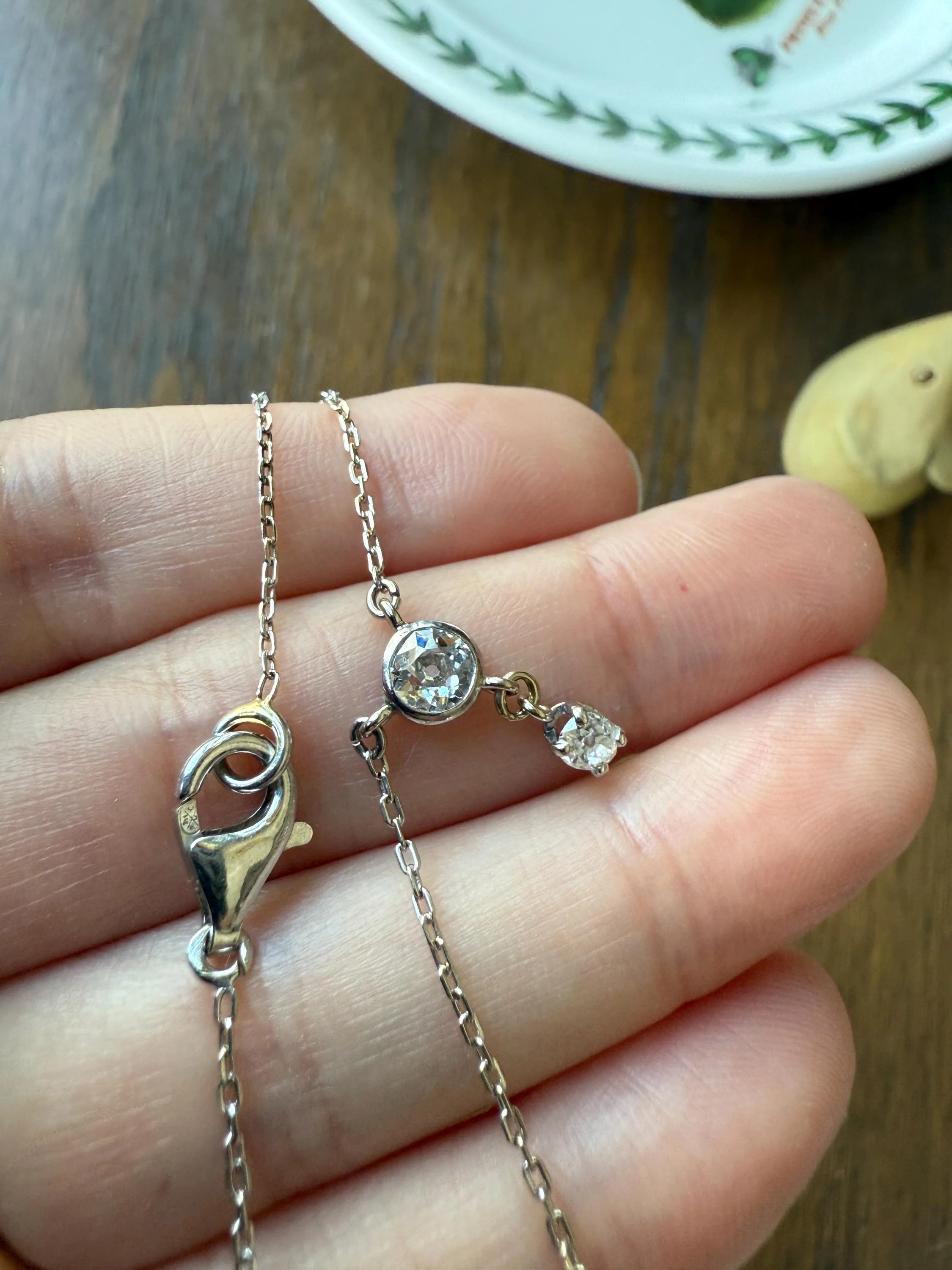 Vintage to Art Deco Necklace with Antique Old Mine Cut Diamond Dangle Pendants on Chain French 18k White Gold Bezel Set OmC Minimalist - Image 9