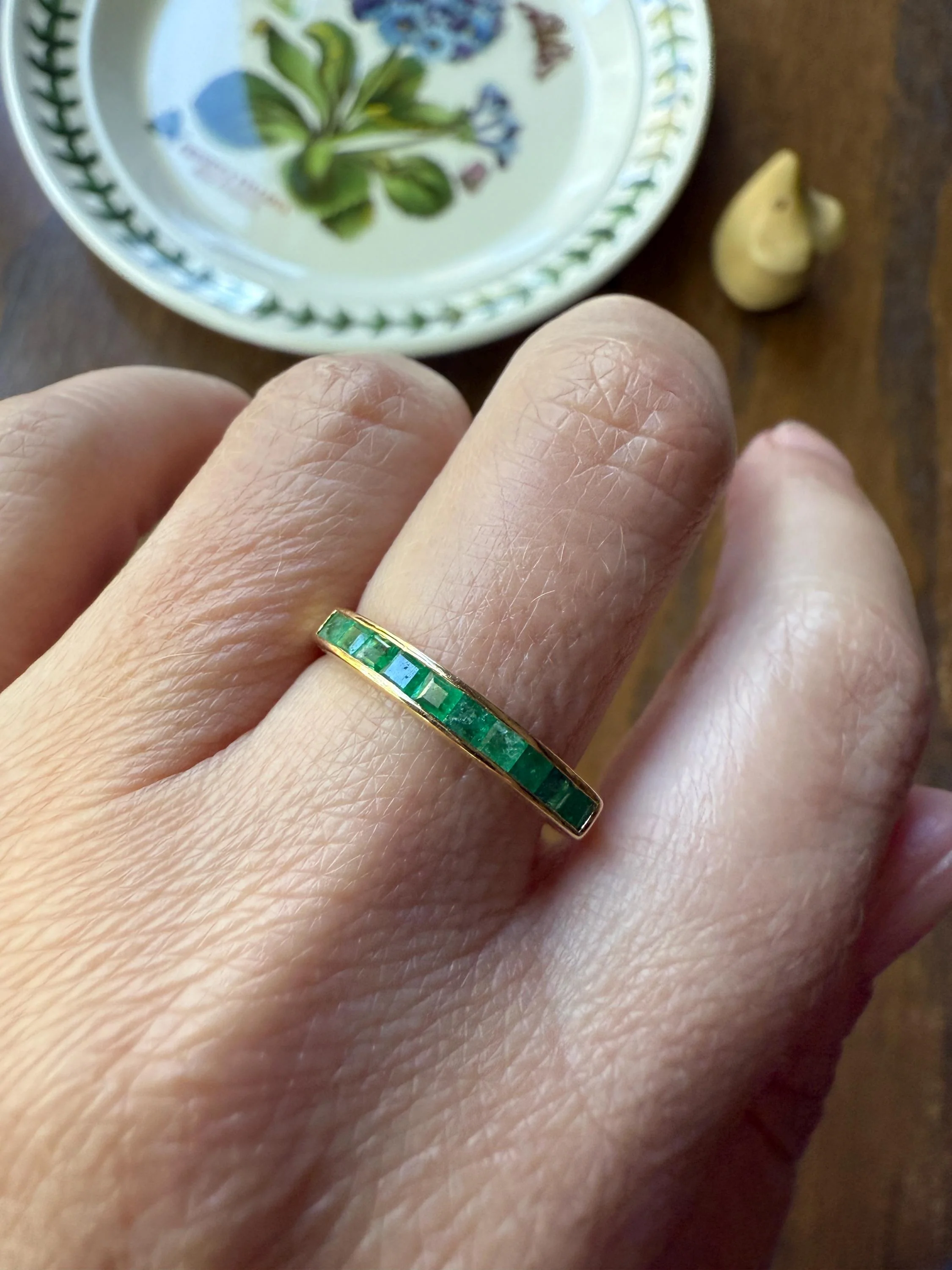 Vintage Channel Set Emerald Half Hoop Eternity Band Ring 18k Gold Skinny Line Stacker Green Pair Sapphire Avail - Image 2