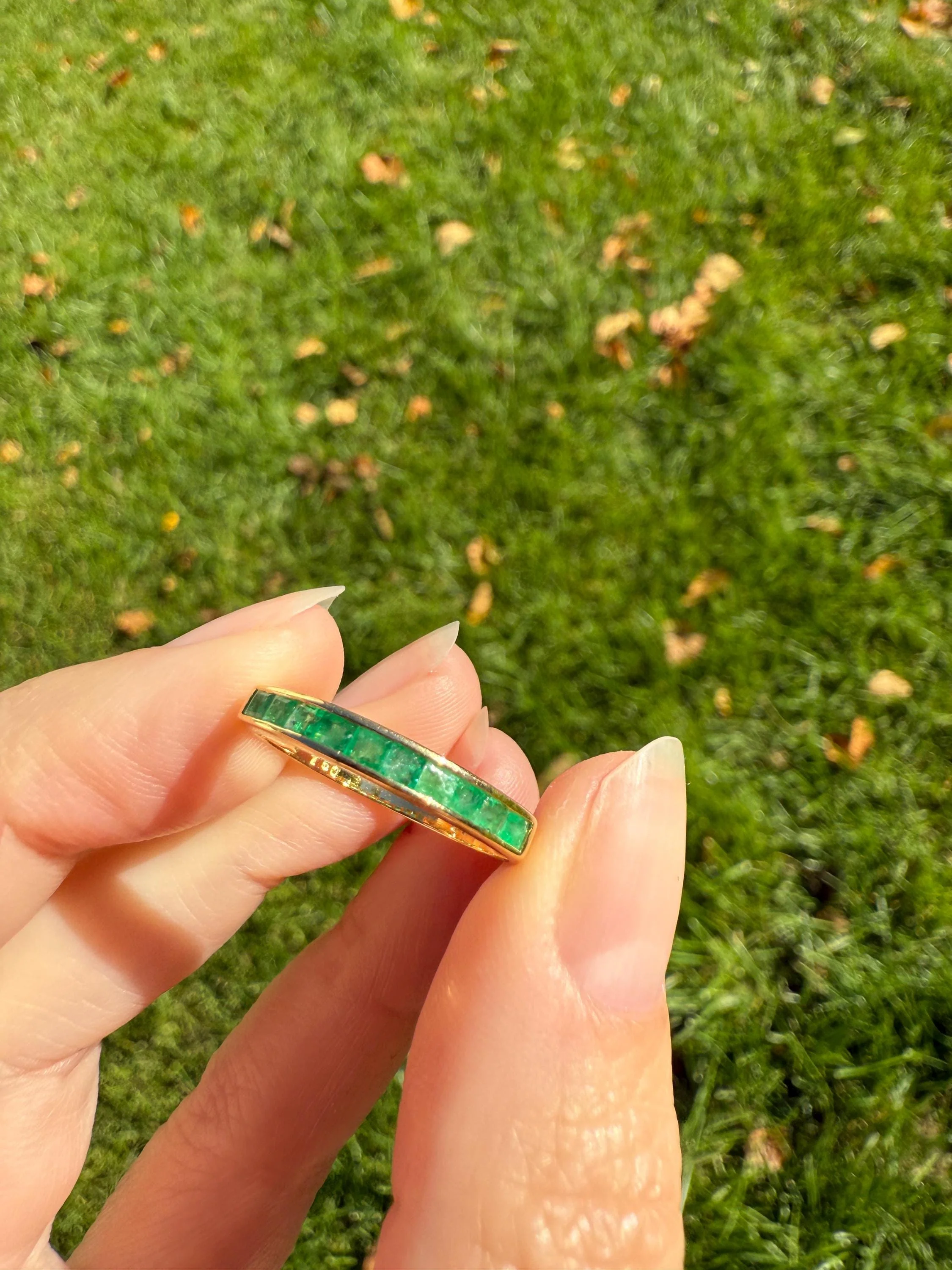 Vintage Channel Set Emerald Half Hoop Eternity Band Ring 18k Gold Skinny Line Stacker Green Pair Sapphire Avail - Image 3
