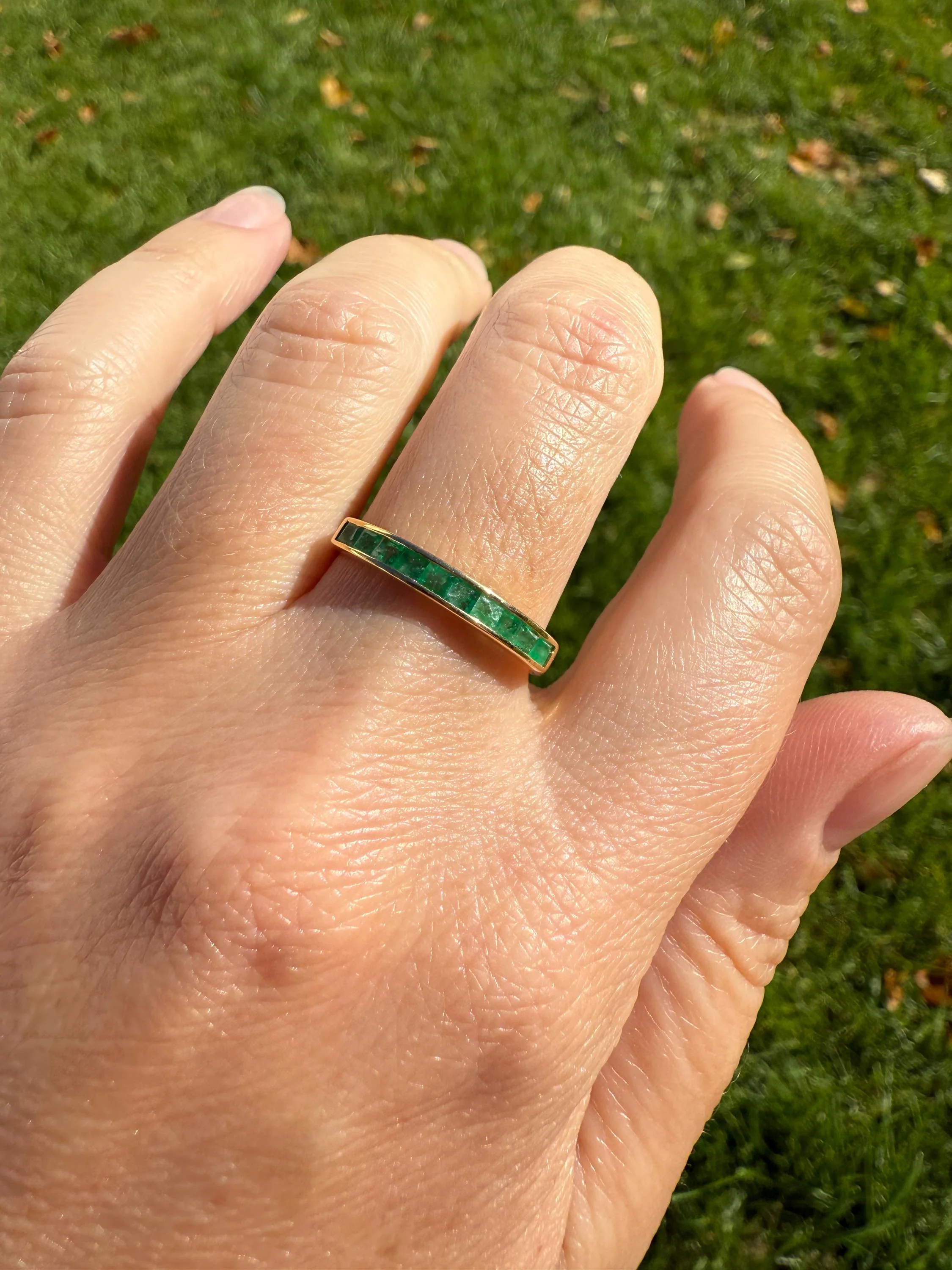 Vintage Channel Set Emerald Half Hoop Eternity Band Ring 18k Gold Skinny Line Stacker Green Pair Sapphire Avail - Image 4
