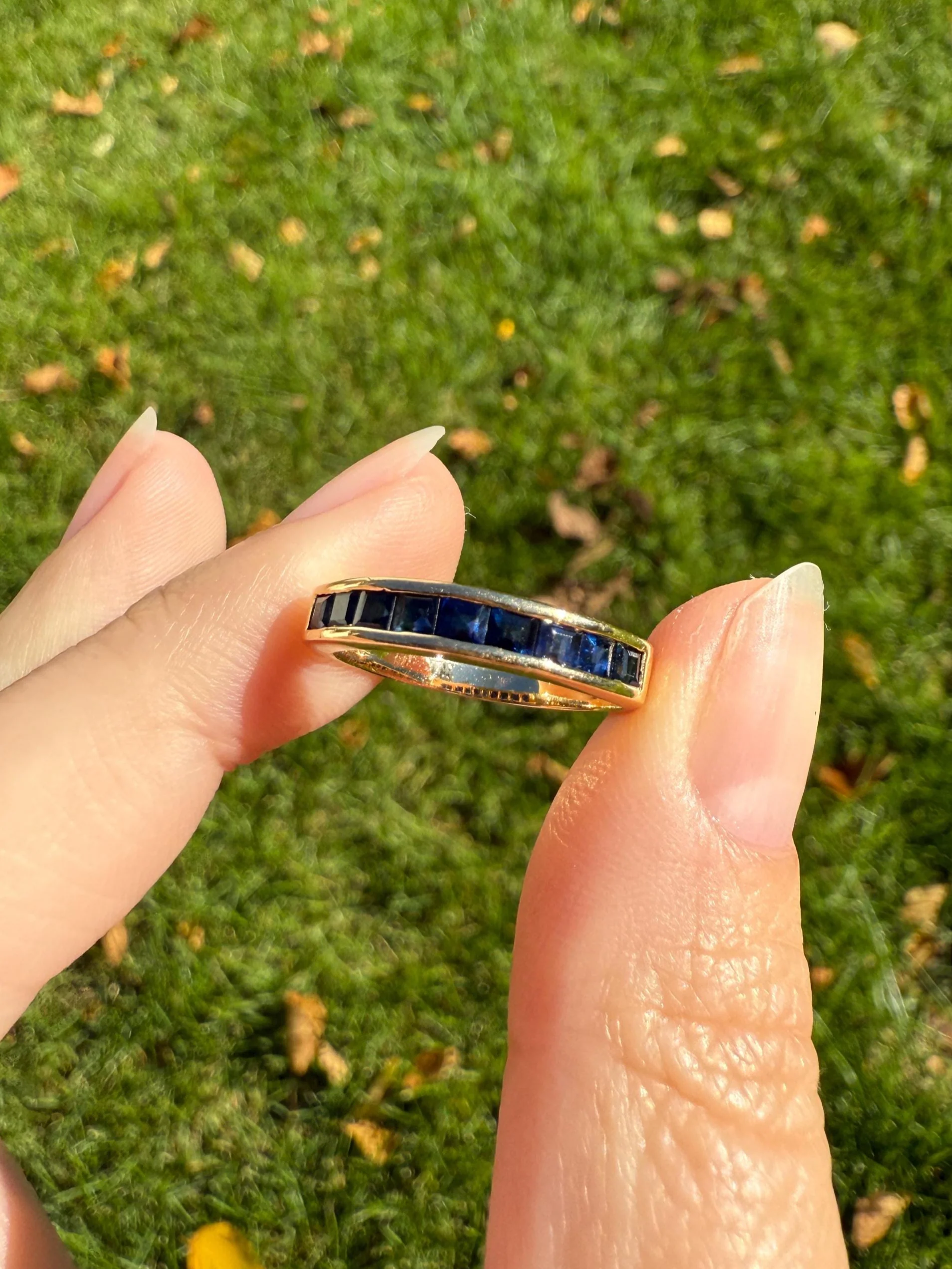 Vintage Channel Set SAPPHIRE Half Hoop Eternity Band Ring 18k Gold Skinny Line Stacker Blue Pair Emerald Avail