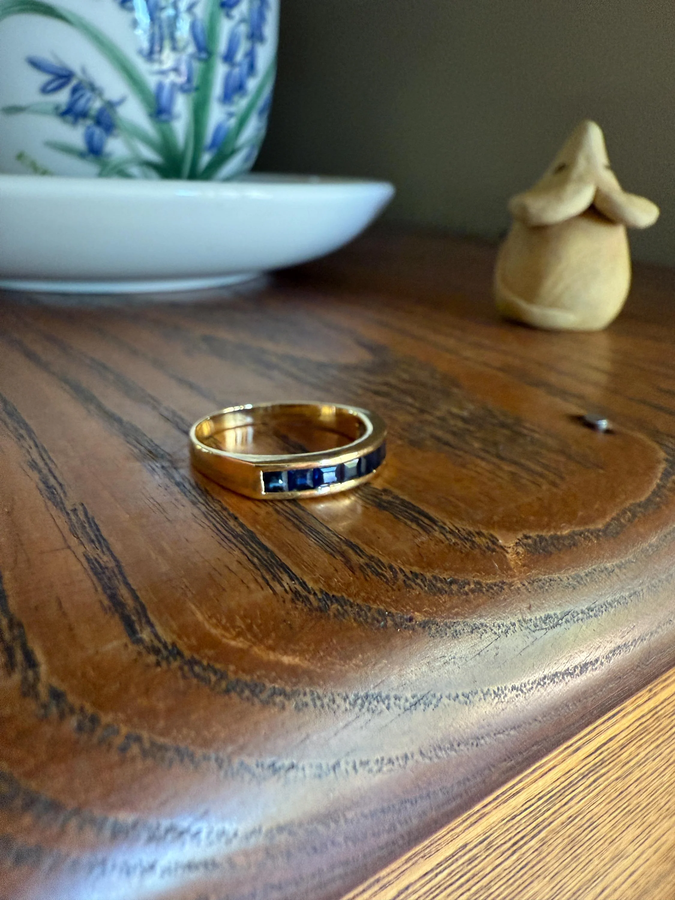 Vintage Channel Set SAPPHIRE Half Hoop Eternity Band Ring 18k Gold Skinny Line Stacker Blue Pair Emerald Avail - Image 2