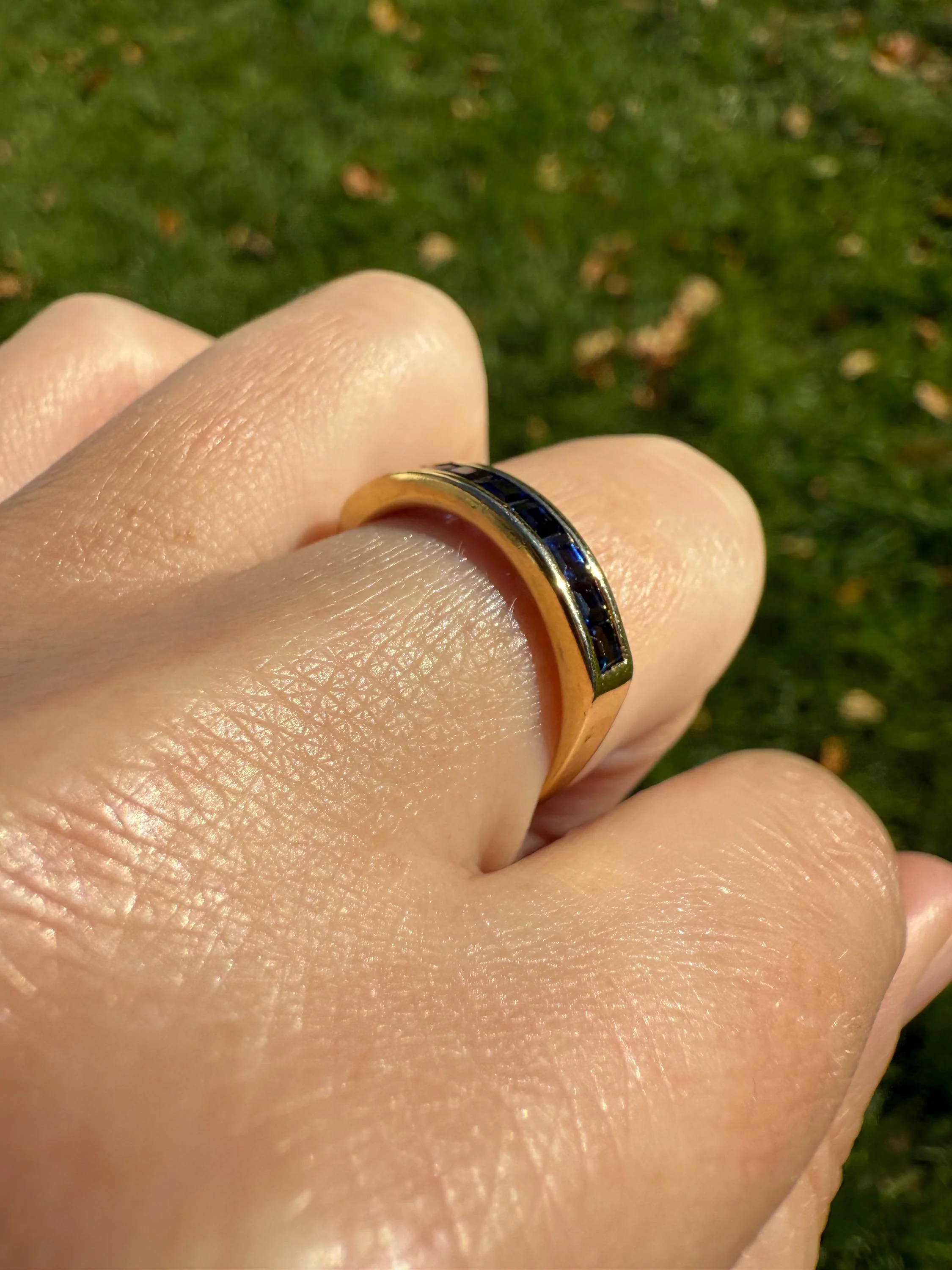 Vintage Channel Set SAPPHIRE Half Hoop Eternity Band Ring 18k Gold Skinny Line Stacker Blue Pair Emerald Avail - Image 3