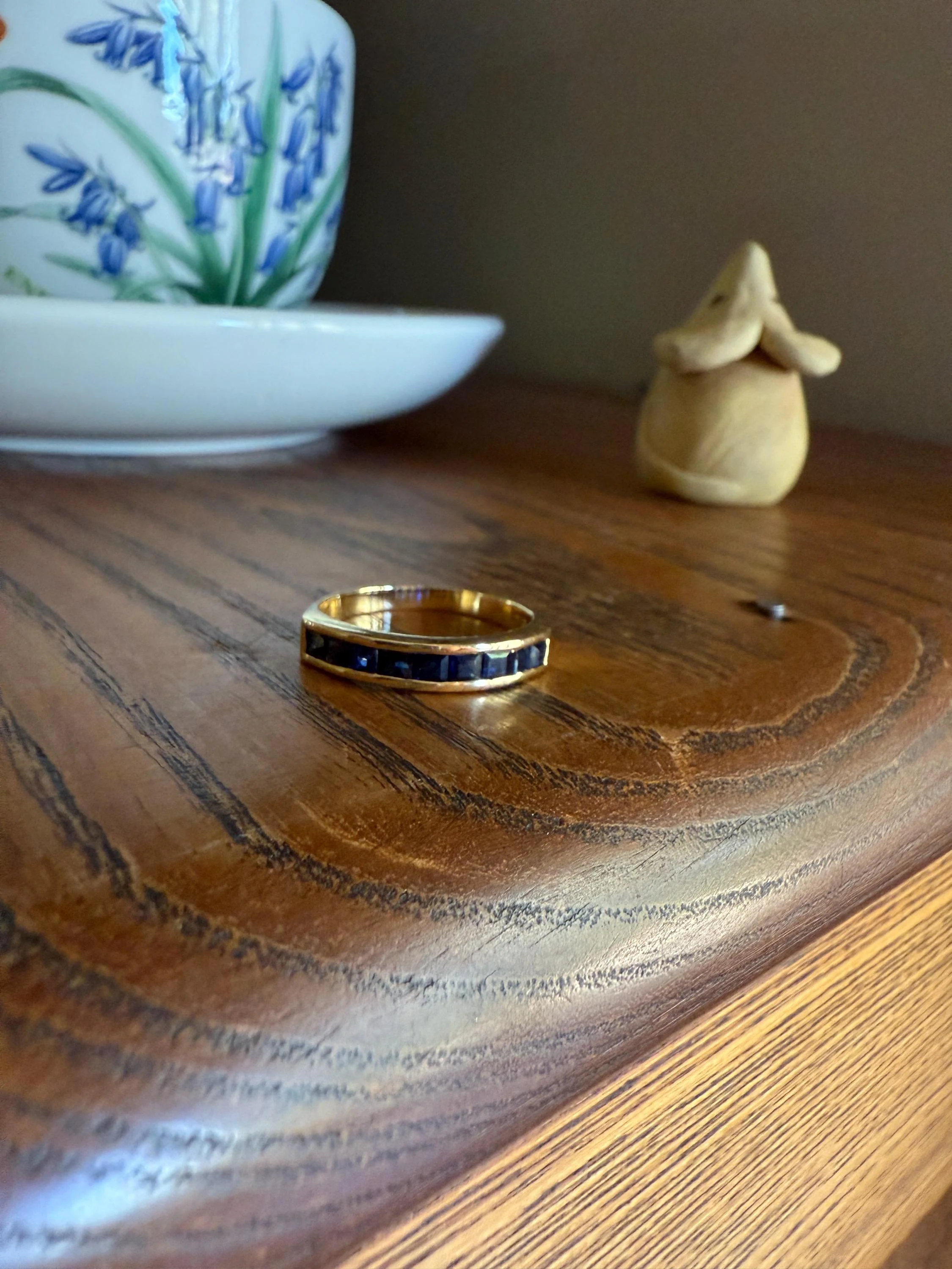Vintage Channel Set SAPPHIRE Half Hoop Eternity Band Ring 18k Gold Skinny Line Stacker Blue Pair Emerald Avail - Image 5