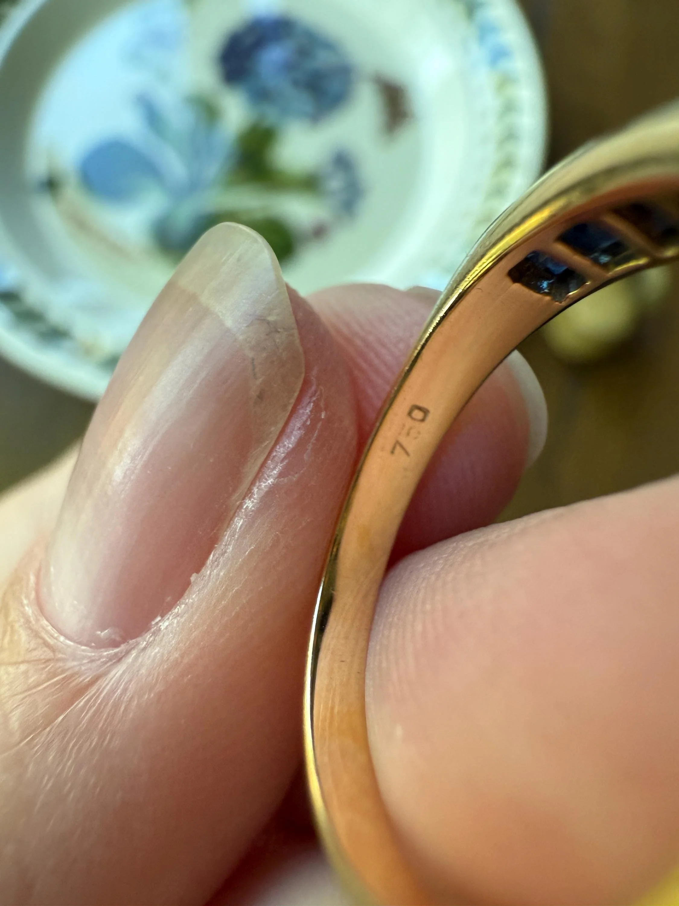 Vintage Channel Set SAPPHIRE Half Hoop Eternity Band Ring 18k Gold Skinny Line Stacker Blue Pair Emerald Avail - Image 9