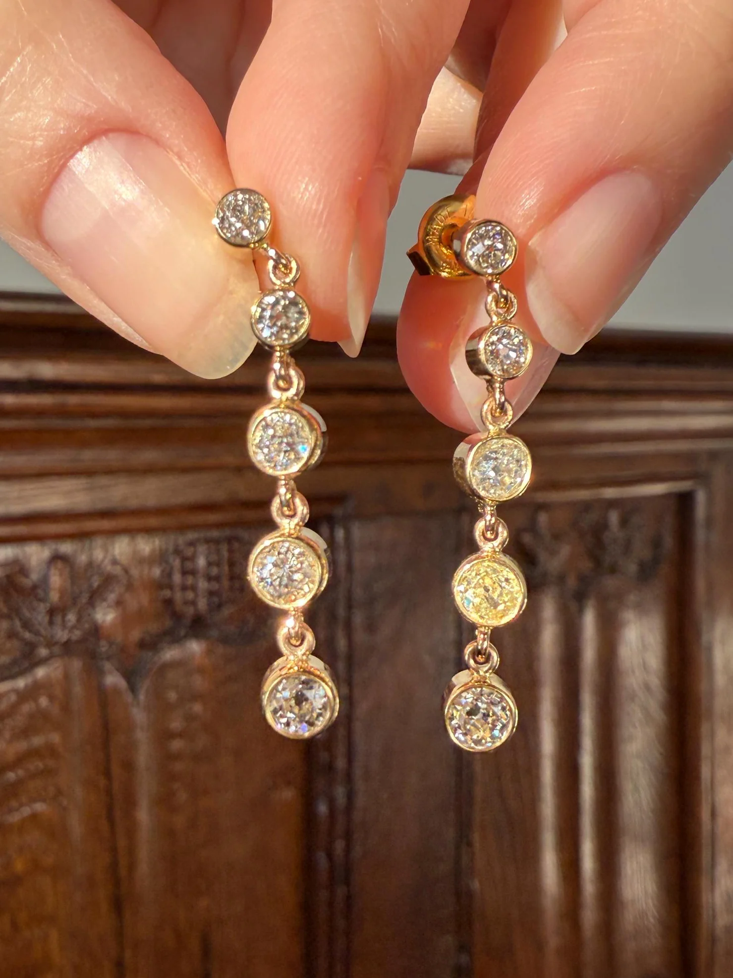 Vintage Dangle Earrings Ten Antique 2.2 Carats Old Mine Cut DIAMOND 18k Gold Linear Five Stone Bezel Set Long Sparklers