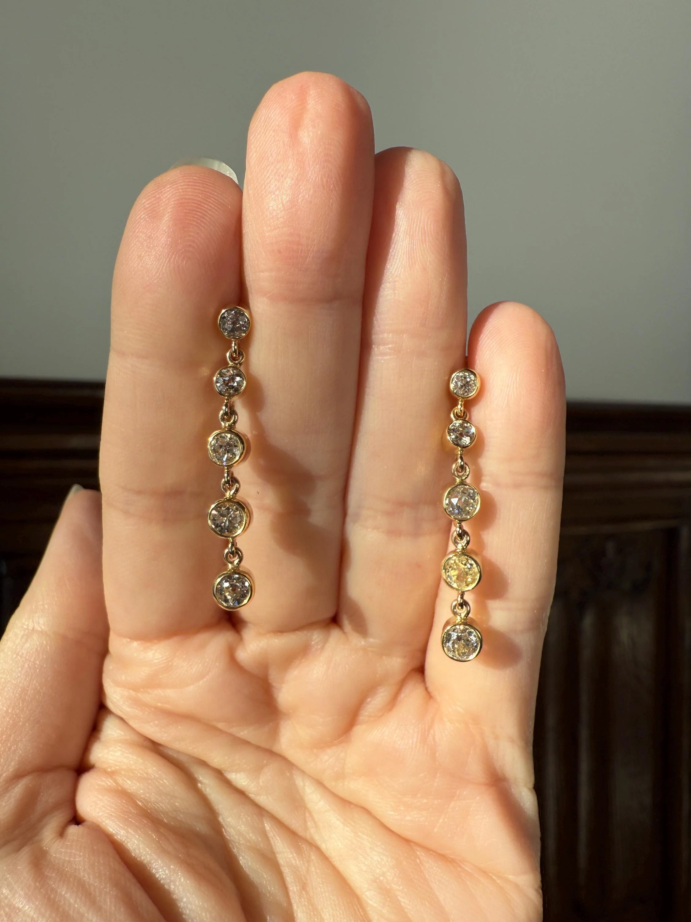 Vintage Dangle Earrings Ten Antique 2.2 Carats Old Mine Cut DIAMOND 18k Gold Linear Five Stone Bezel Set Long Sparklers - Image 13