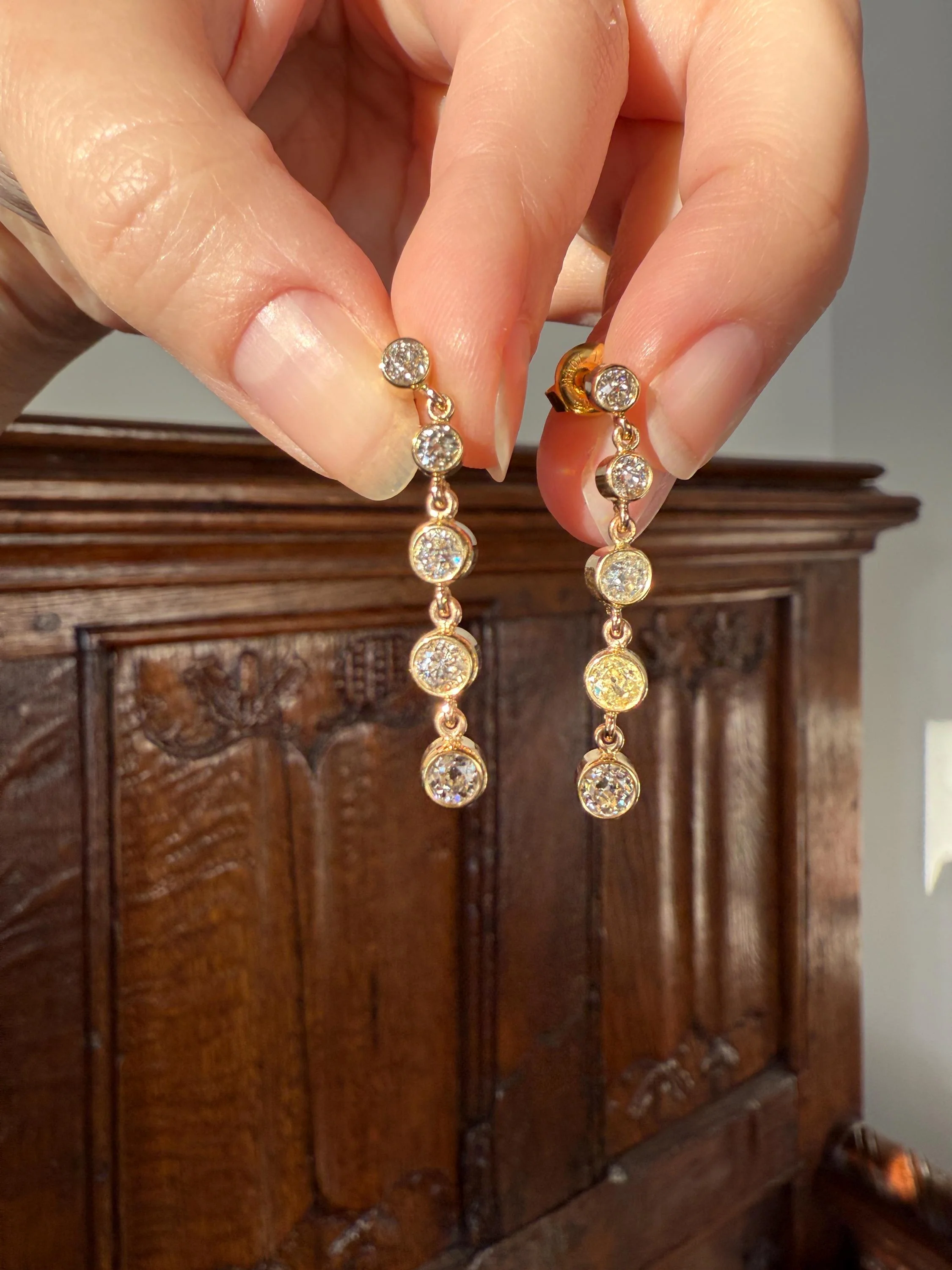 Vintage Dangle Earrings Ten Antique 2.2 Carats Old Mine Cut DIAMOND 18k Gold Linear Five Stone Bezel Set Long Sparklers - Image 18