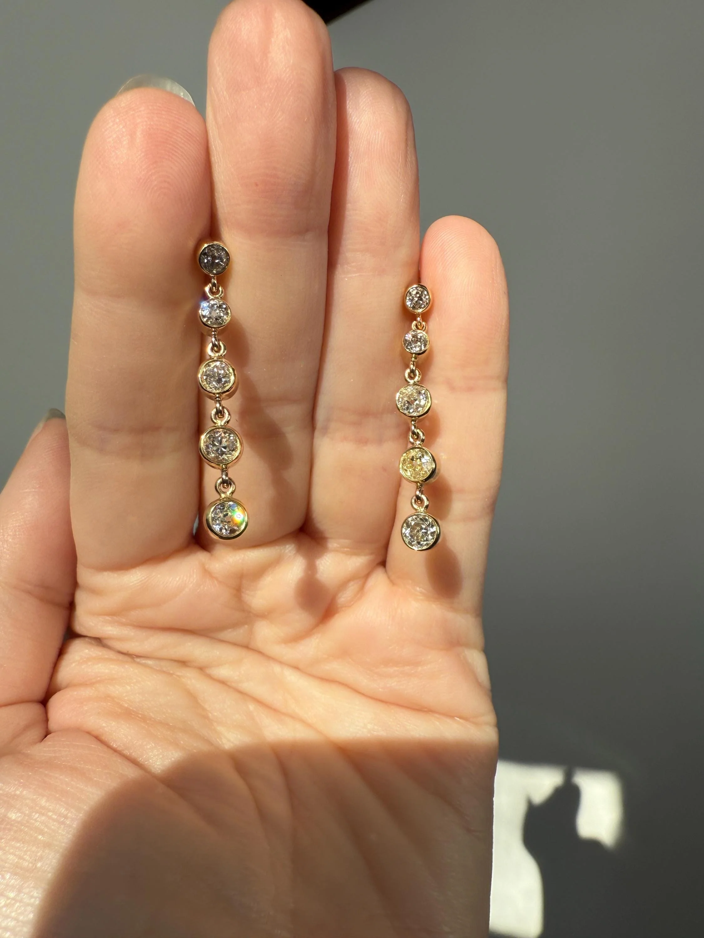 Vintage Dangle Earrings Ten Antique 2.2 Carats Old Mine Cut DIAMOND 18k Gold Linear Five Stone Bezel Set Long Sparklers - Image 2