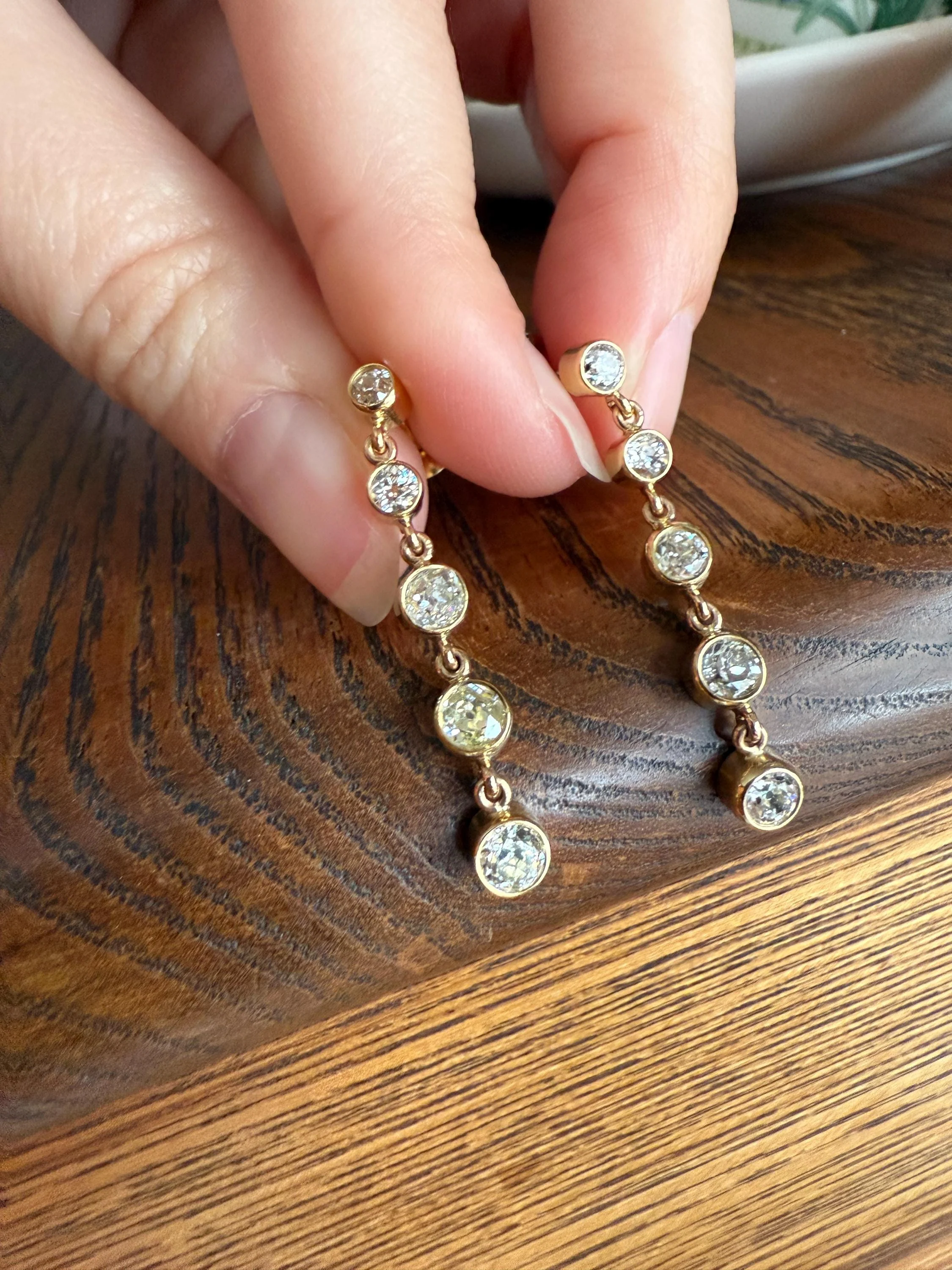 Vintage Dangle Earrings Ten Antique 2.2 Carats Old Mine Cut DIAMOND 18k Gold Linear Five Stone Bezel Set Long Sparklers - Image 3
