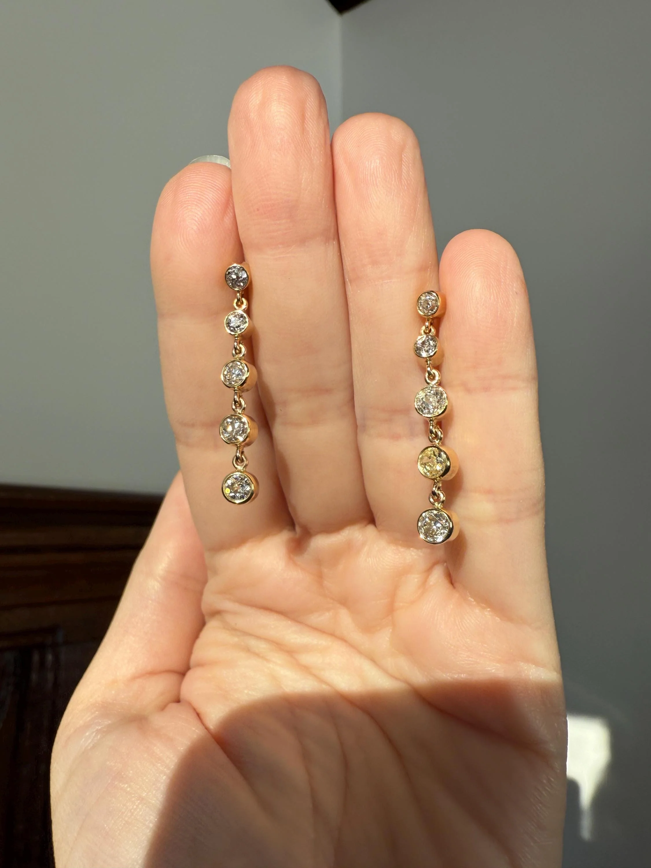 Vintage Dangle Earrings Ten Antique 2.2 Carats Old Mine Cut DIAMOND 18k Gold Linear Five Stone Bezel Set Long Sparklers - Image 6