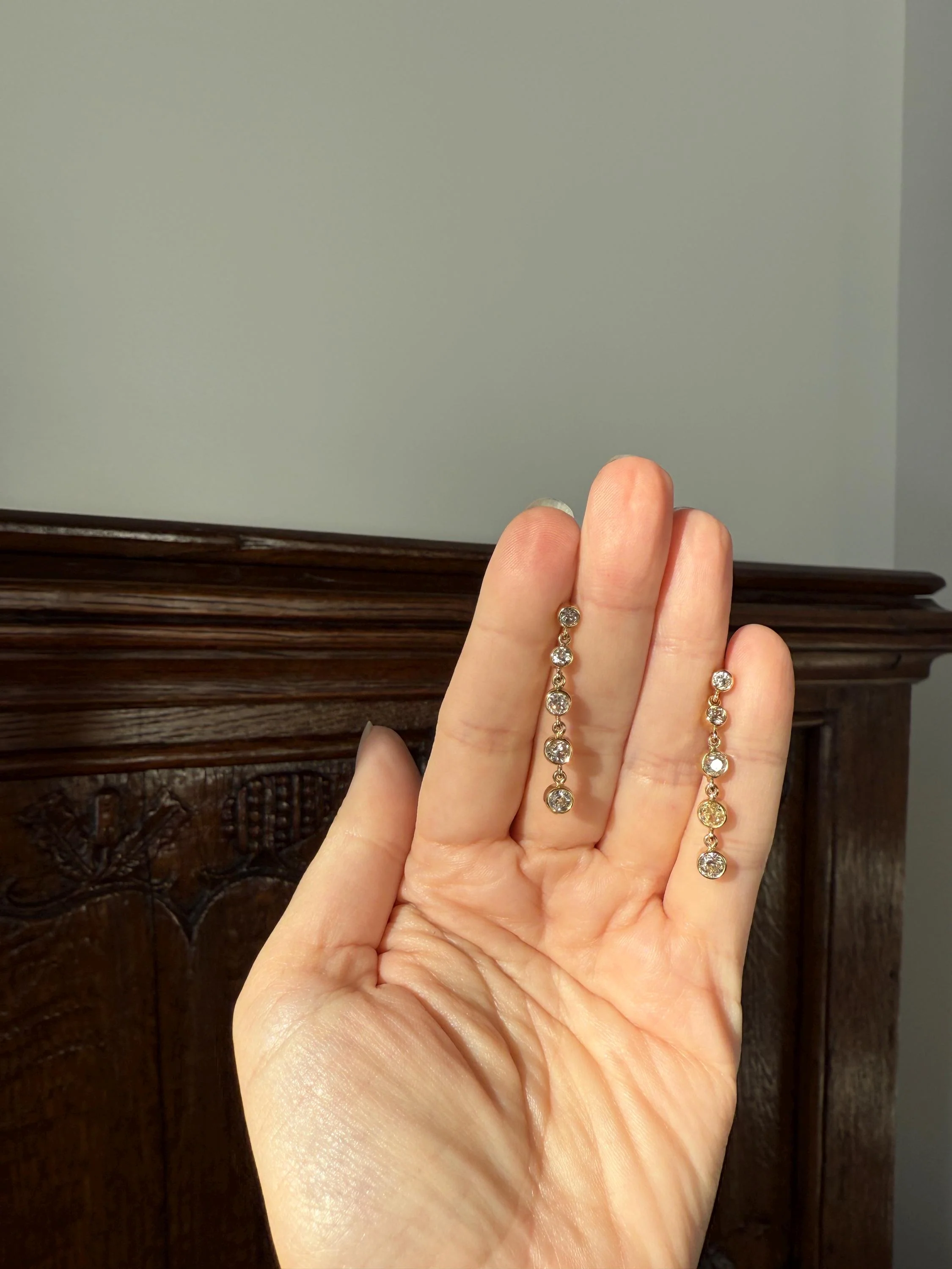 Vintage Dangle Earrings Ten Antique 2.2 Carats Old Mine Cut DIAMOND 18k Gold Linear Five Stone Bezel Set Long Sparklers - Image 7