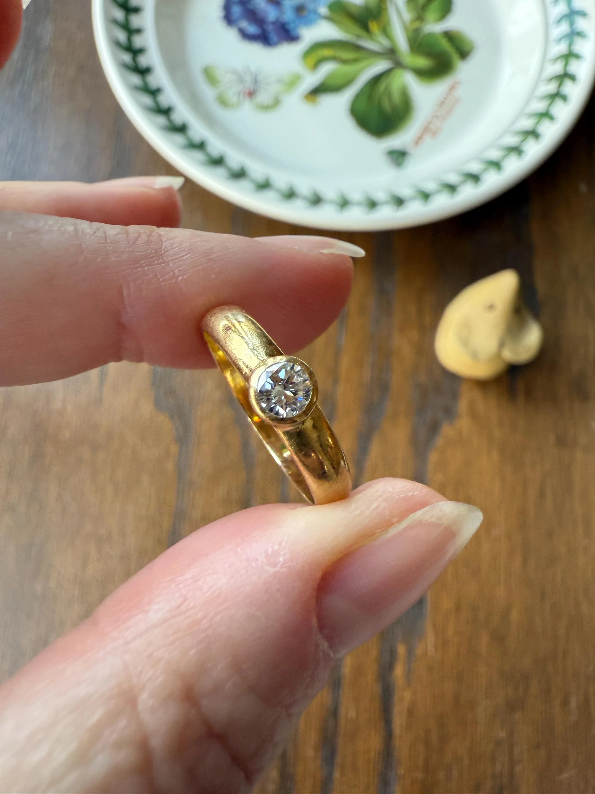 Vintage DIAMOND Bezel Set Ring Stacker Band 18k Gold Solid French Geometric Engagement Gift Unisex - Image 14