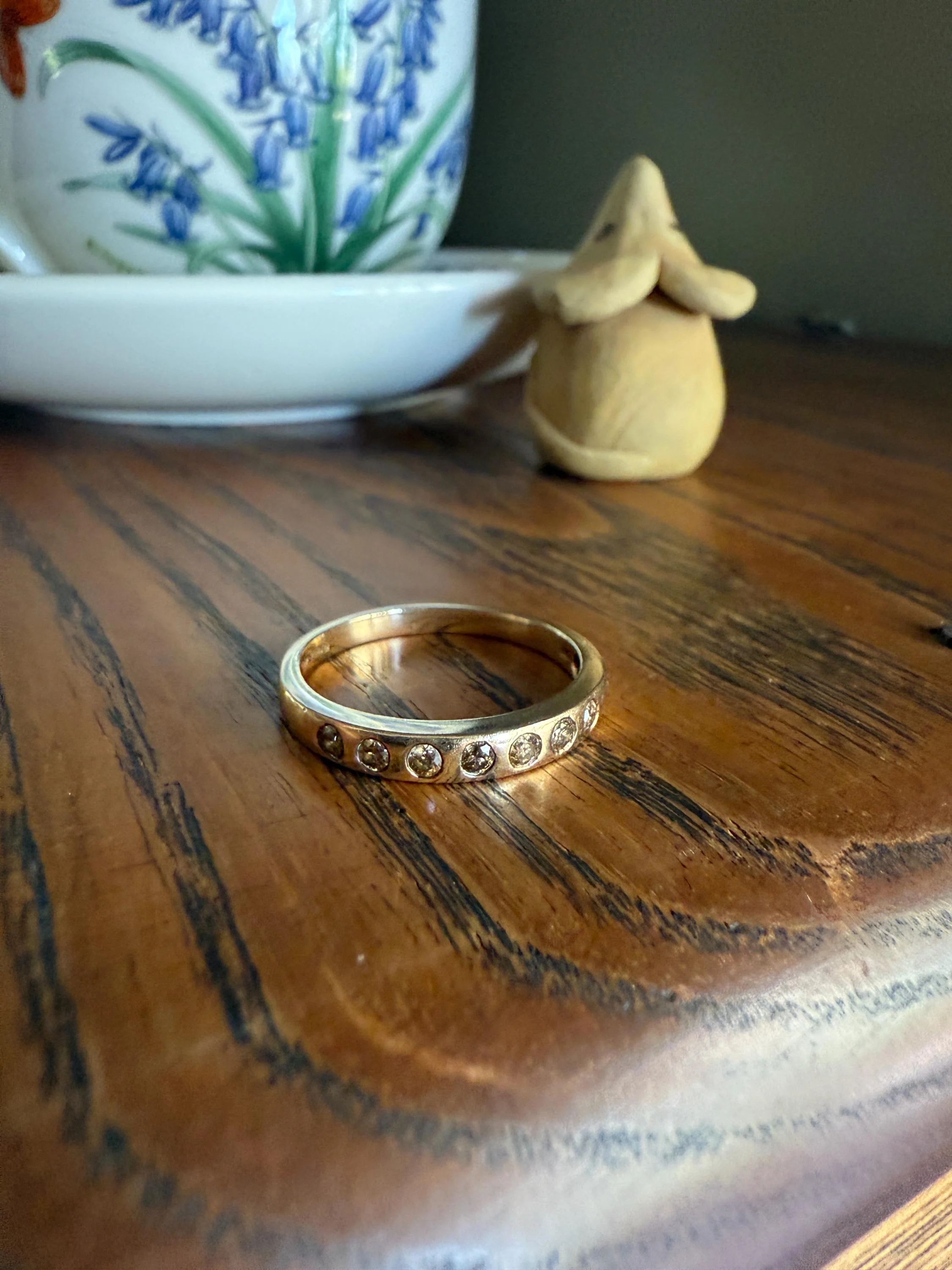 Vintage FANCY Brown Chocolate Golden Cognac Diamond Seven Stone Gypsy Band Skinny Stacker Half Hoop Eternity 9k Gold Minimalist - Image 17