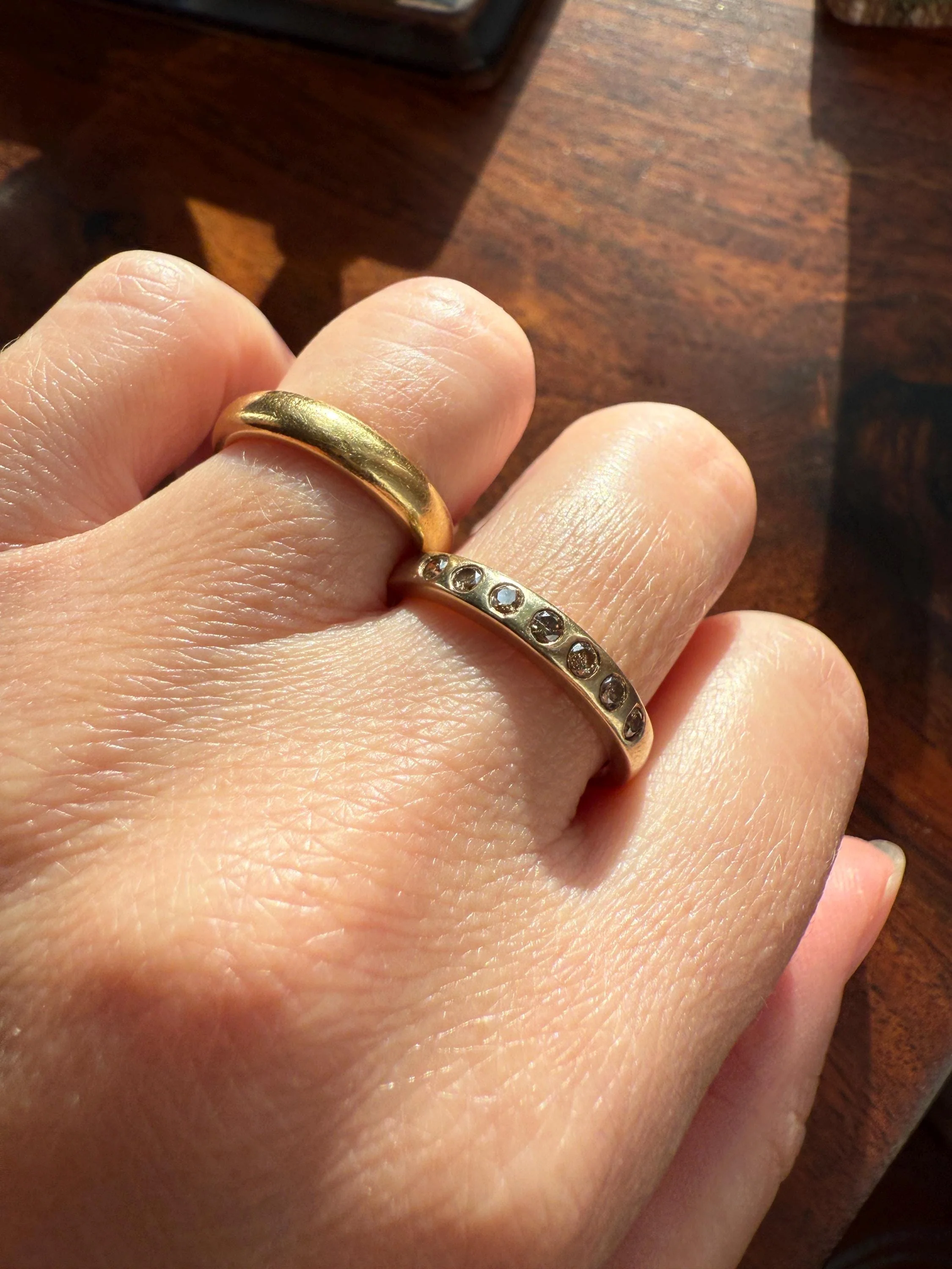 Vintage FANCY Brown Chocolate Golden Cognac Diamond Seven Stone Gypsy Band Skinny Stacker Half Hoop Eternity 9k Gold Minimalist - Image 2