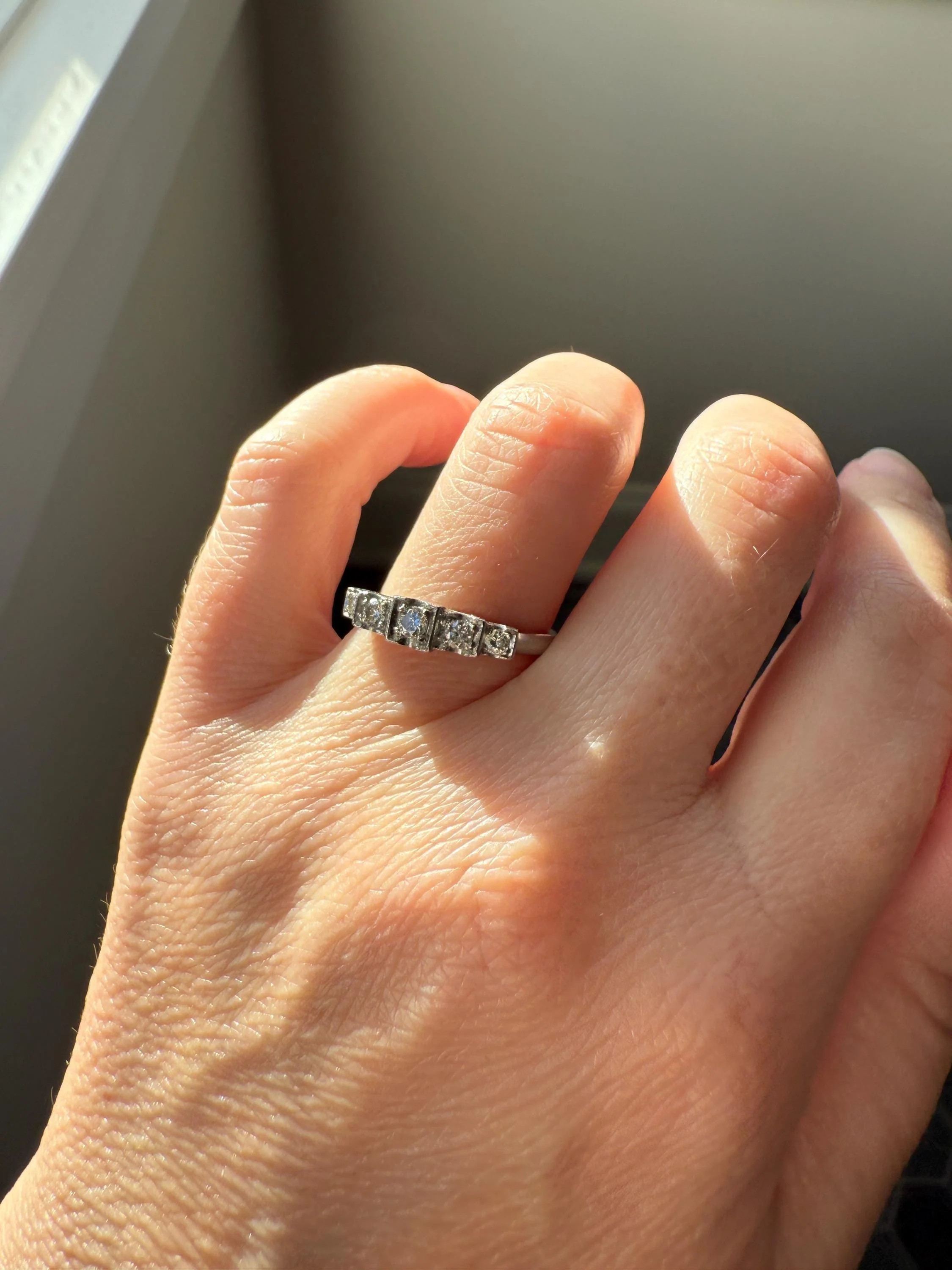 Vintage Five Stone Older Brilliant Cut DIAMOND Ring Stepped Squares Platinum Stacker Art Deco Geometric Band Tall Splay - Image 13