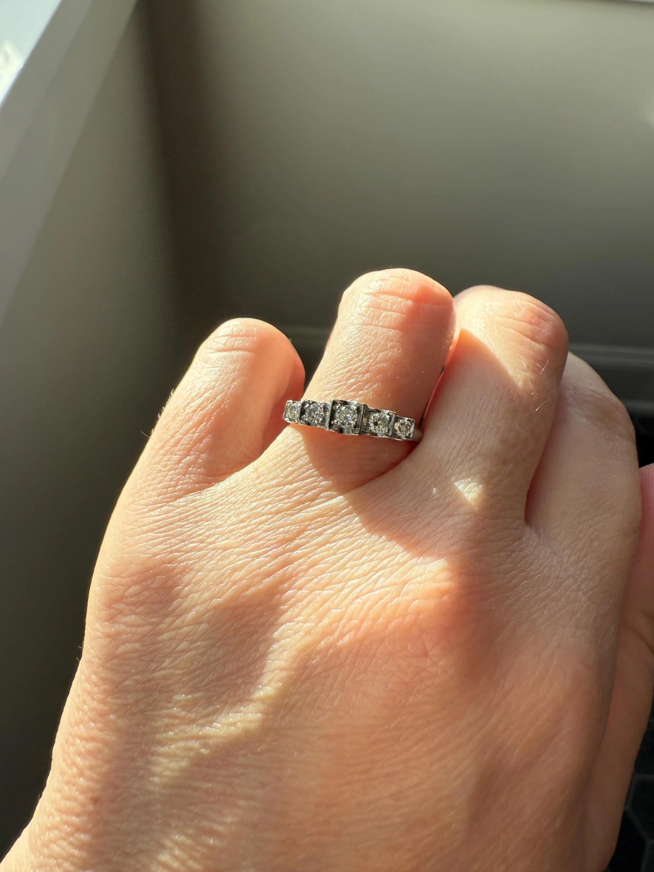 Vintage Five Stone Older Brilliant Cut DIAMOND Ring Stepped Squares Platinum Stacker Art Deco Geometric Band Tall Splay - Image 16