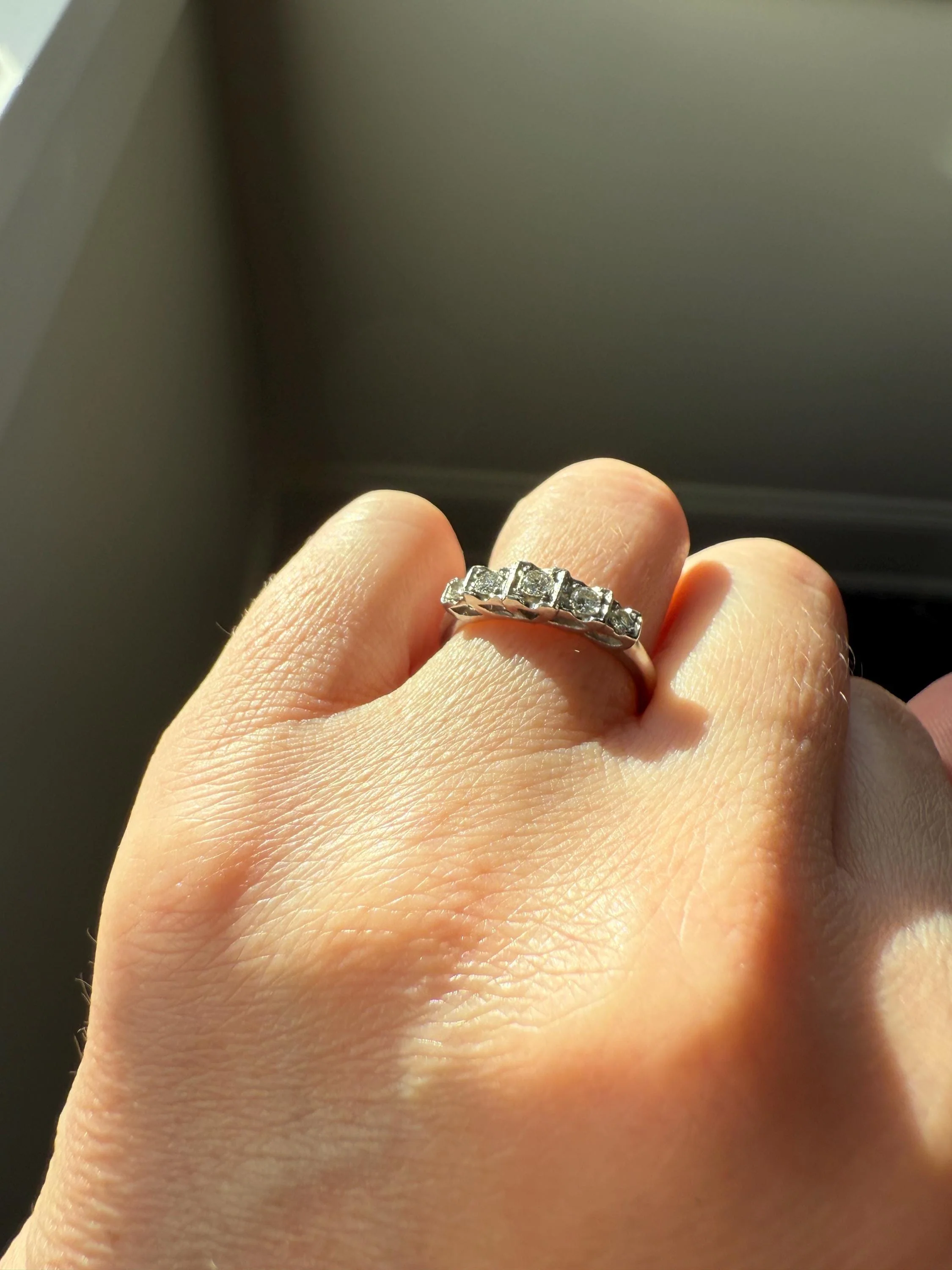 Vintage Five Stone Older Brilliant Cut DIAMOND Ring Stepped Squares Platinum Stacker Art Deco Geometric Band Tall Splay - Image 2